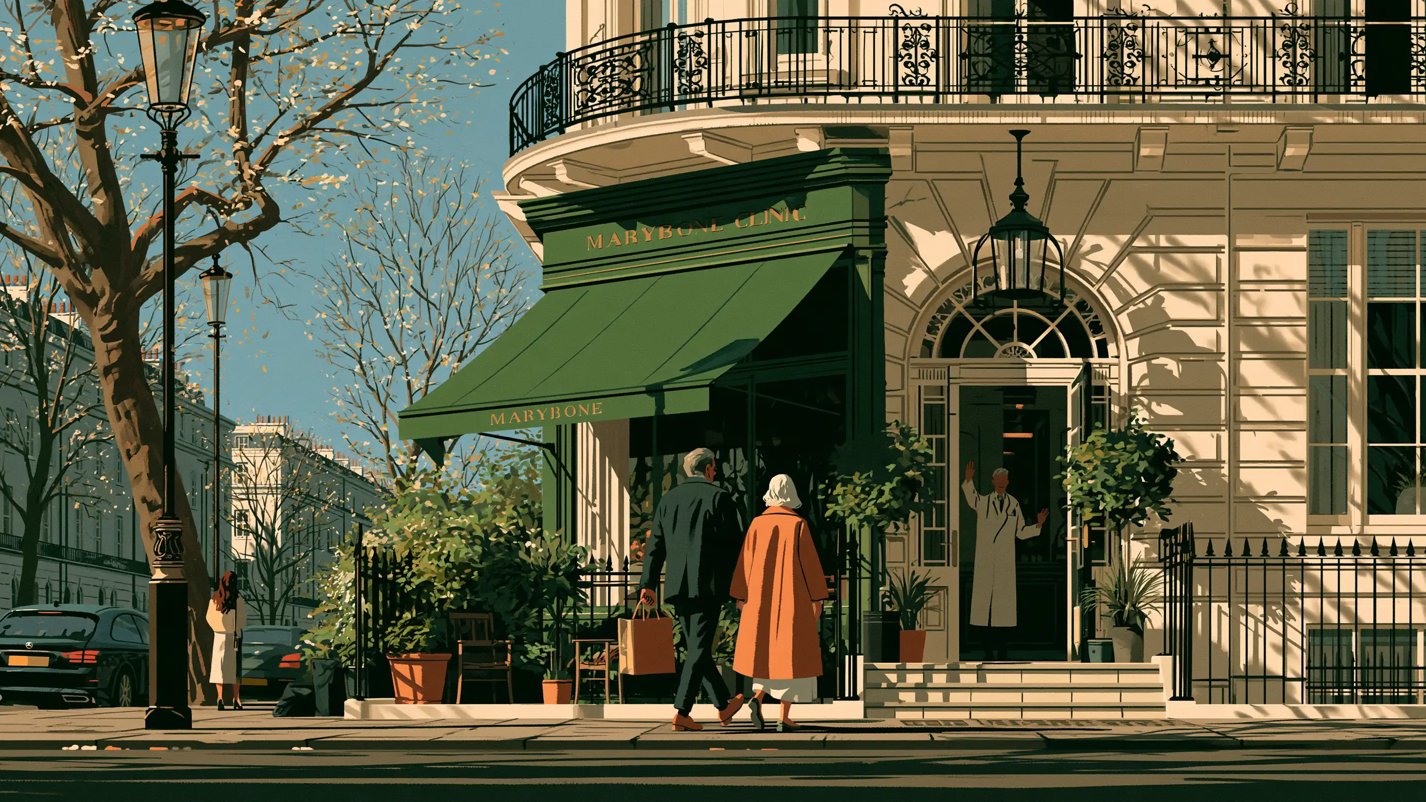 A couple leaving a London clinic on a bright morning after a heart health check