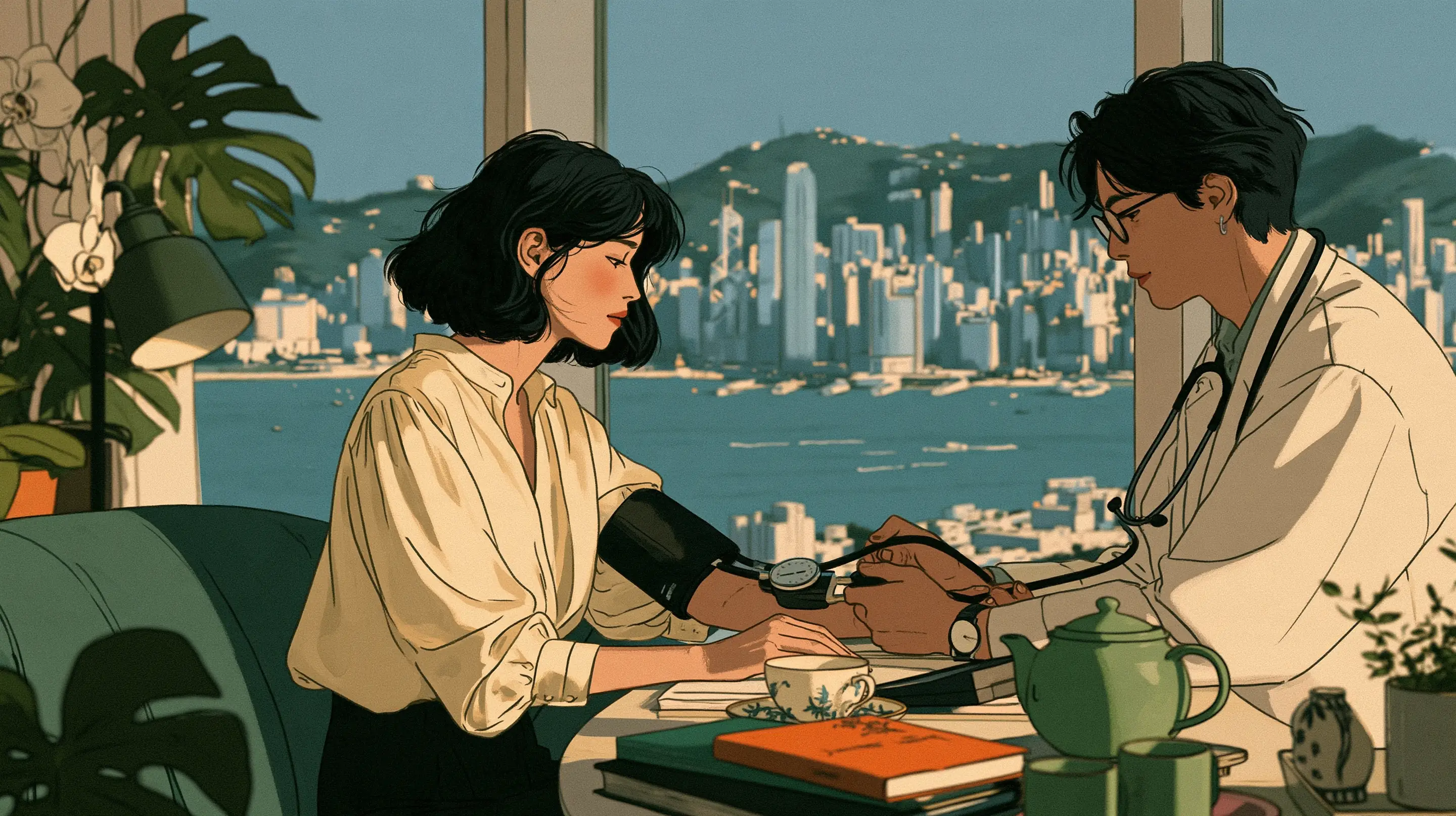 A woman in a cream silk blouse having her blood pressure taken by a doctor in a quiet room high above Victoria Harbour, a pot of jasmine tea on the table