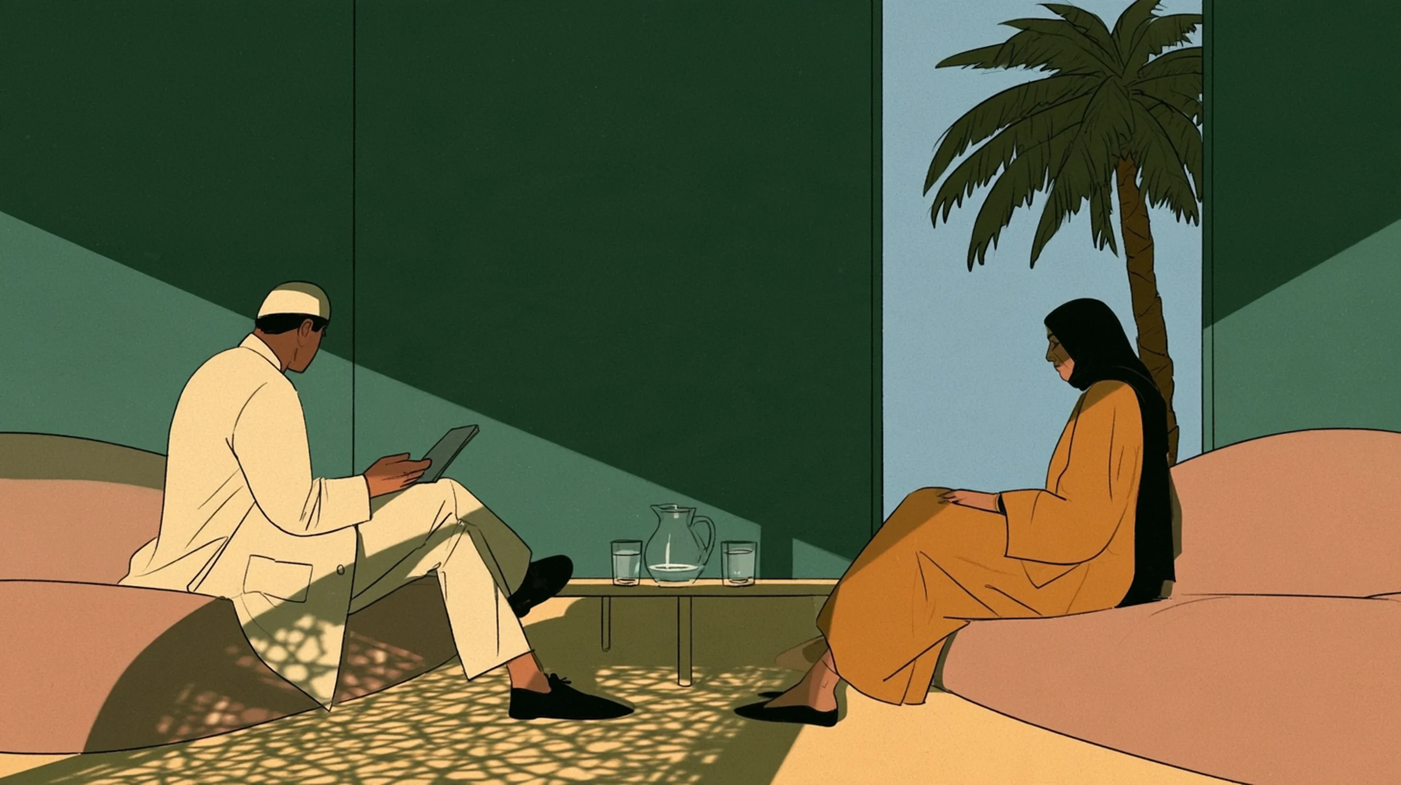 A doctor and a patient in a calm room with lattice shadows