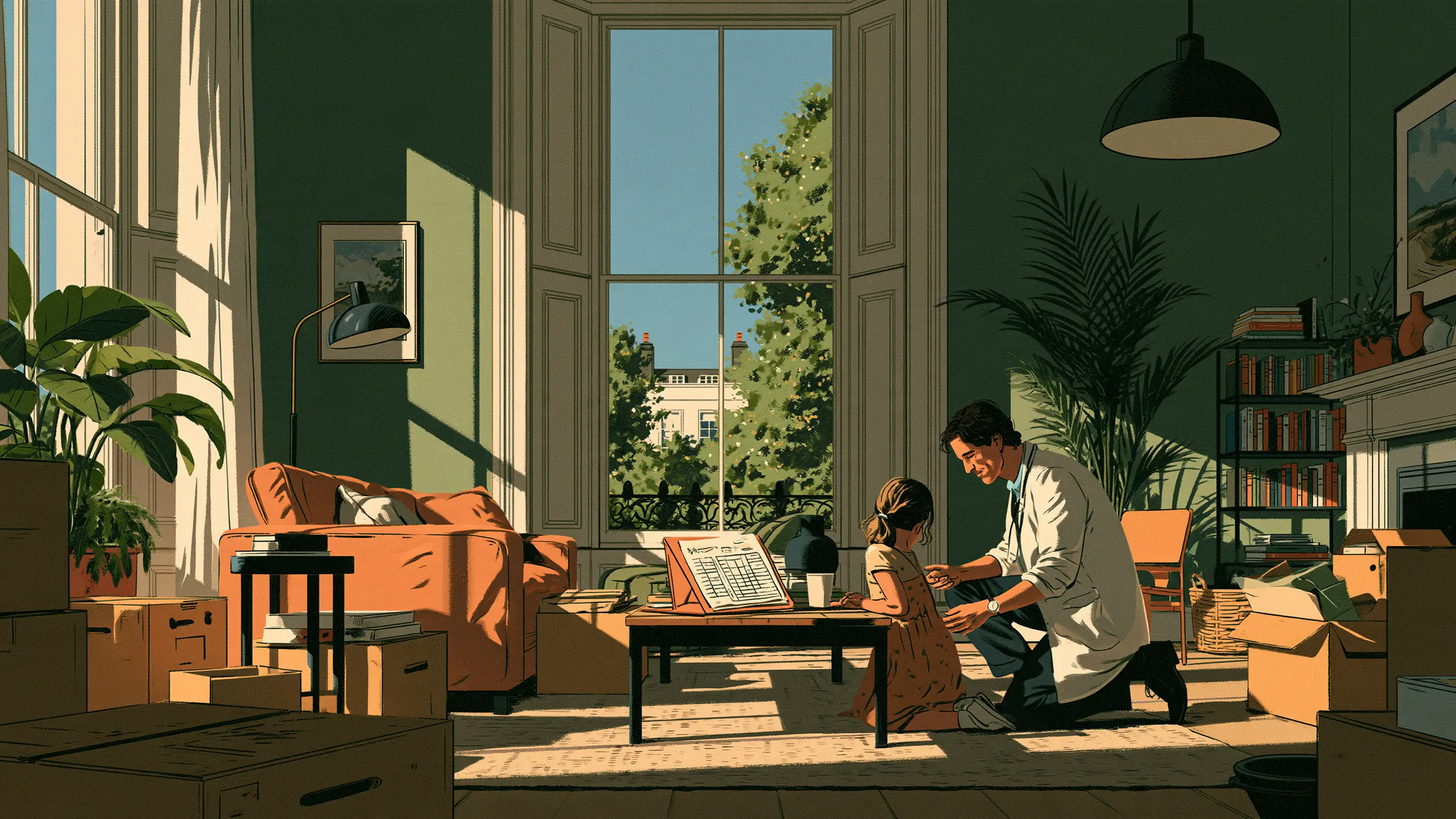 A doctor talking with a young girl in a family’s newly furnished London flat