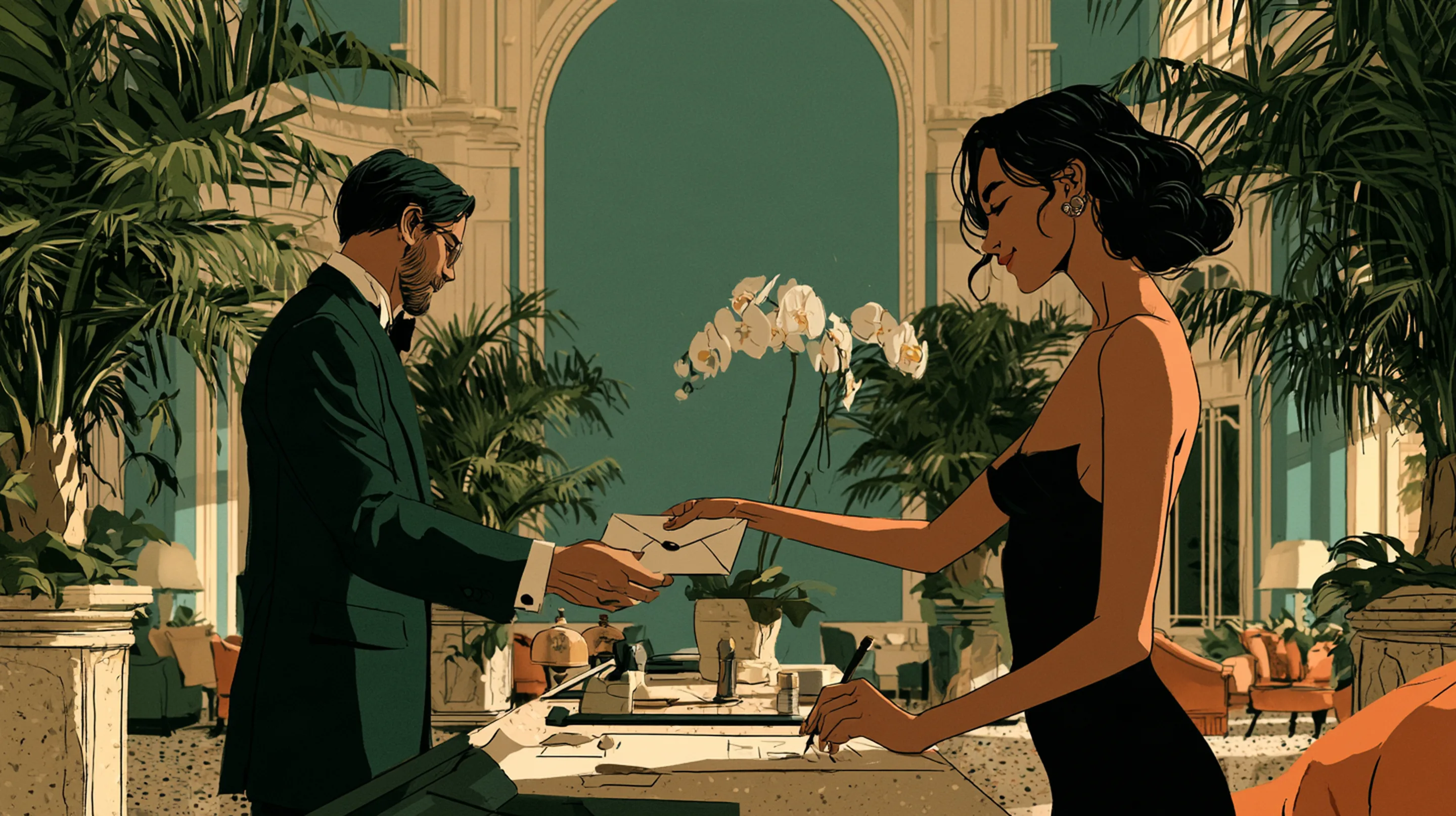 A hotel concierge handing an envelope to a smiling guest in a Miami Beach hotel lobby with white orchids and tall arches
