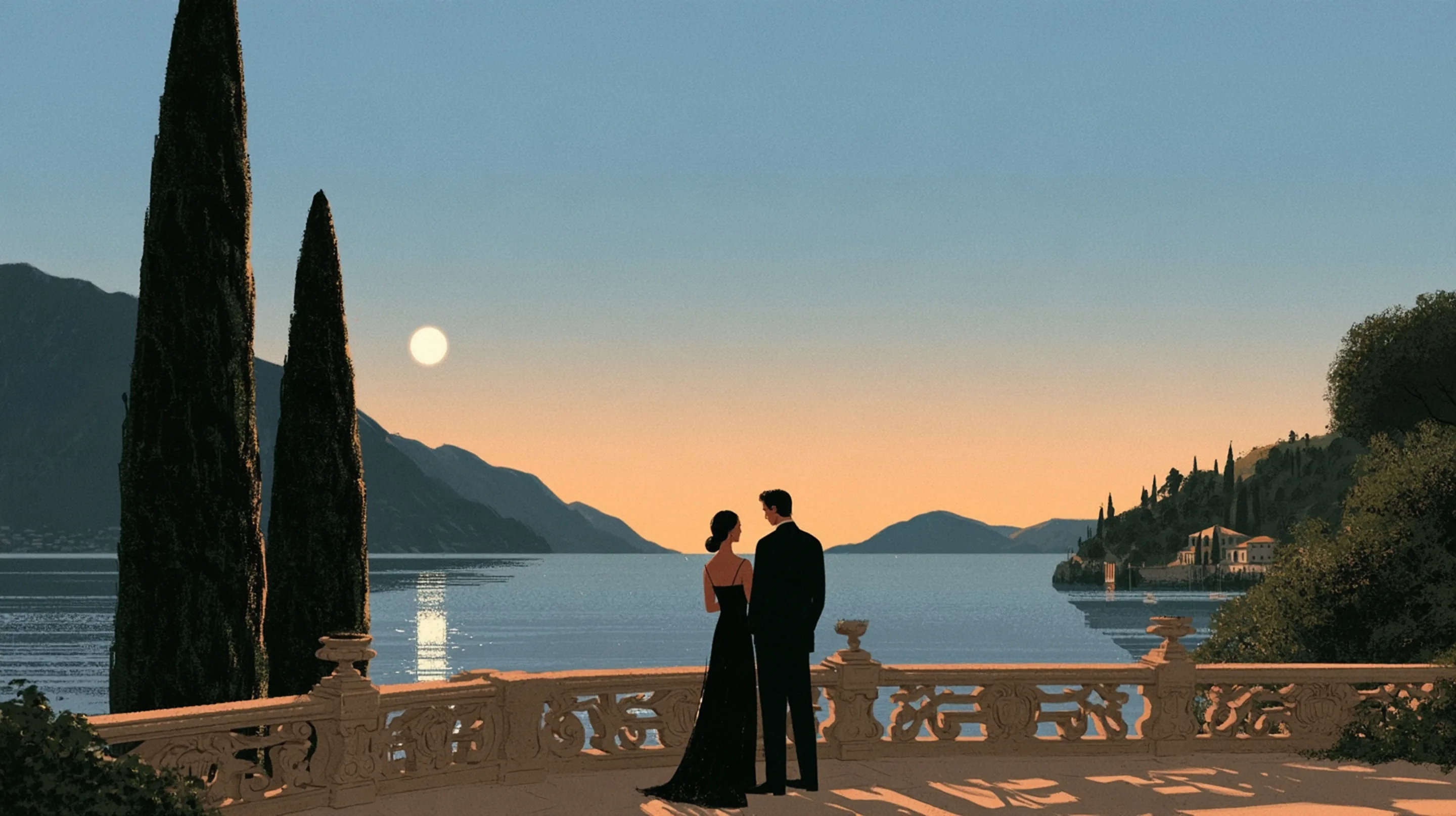 An elegant couple on the terrace of a lakeside villa on Lake Como at golden hour, cypress trees, stone balustrade, mountains across the still water