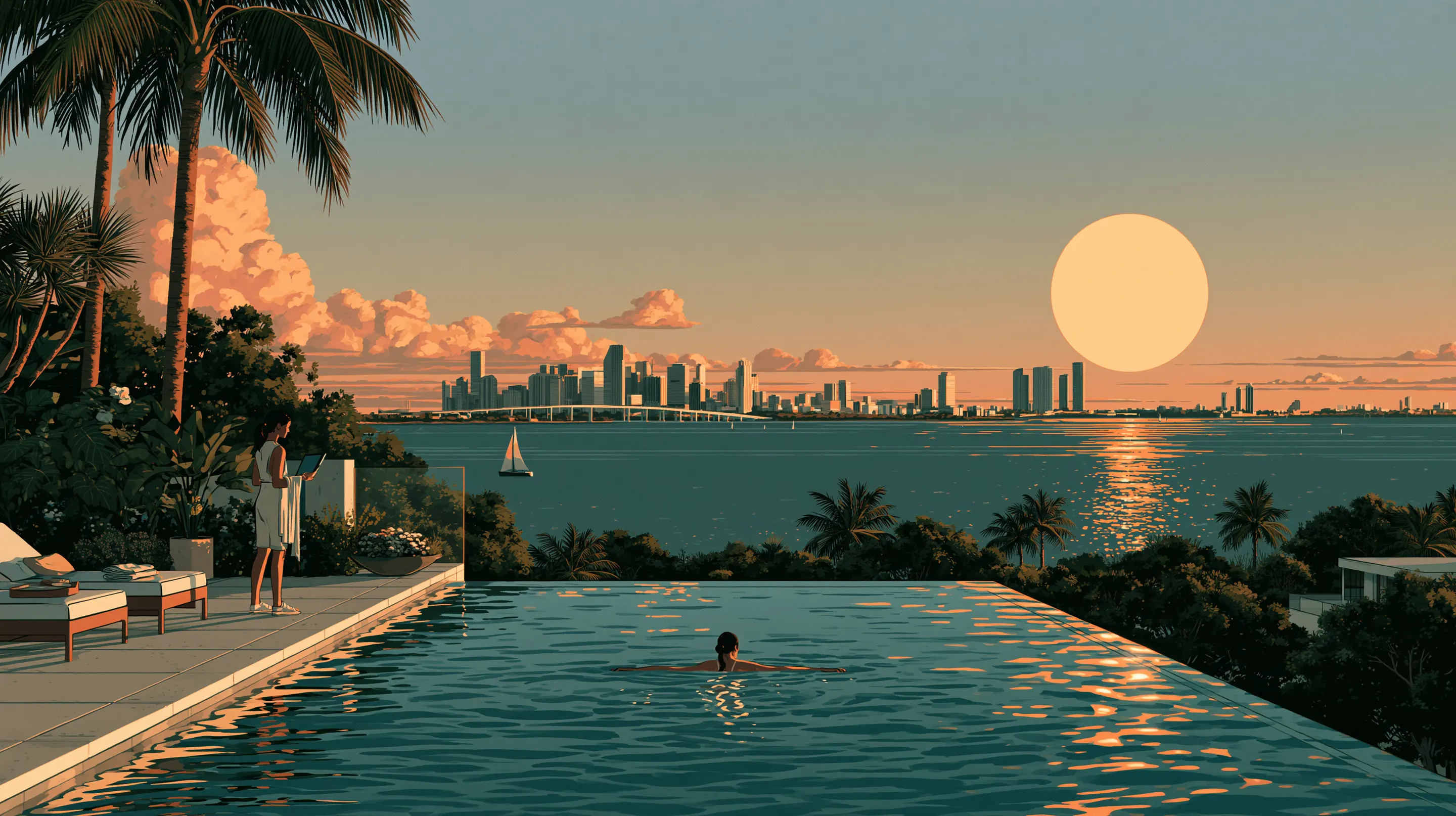 A woman swimming in an infinity pool above Biscayne Bay at sunrise, a coach waiting with a towel at the edge, the Miami skyline and a low sun beyond