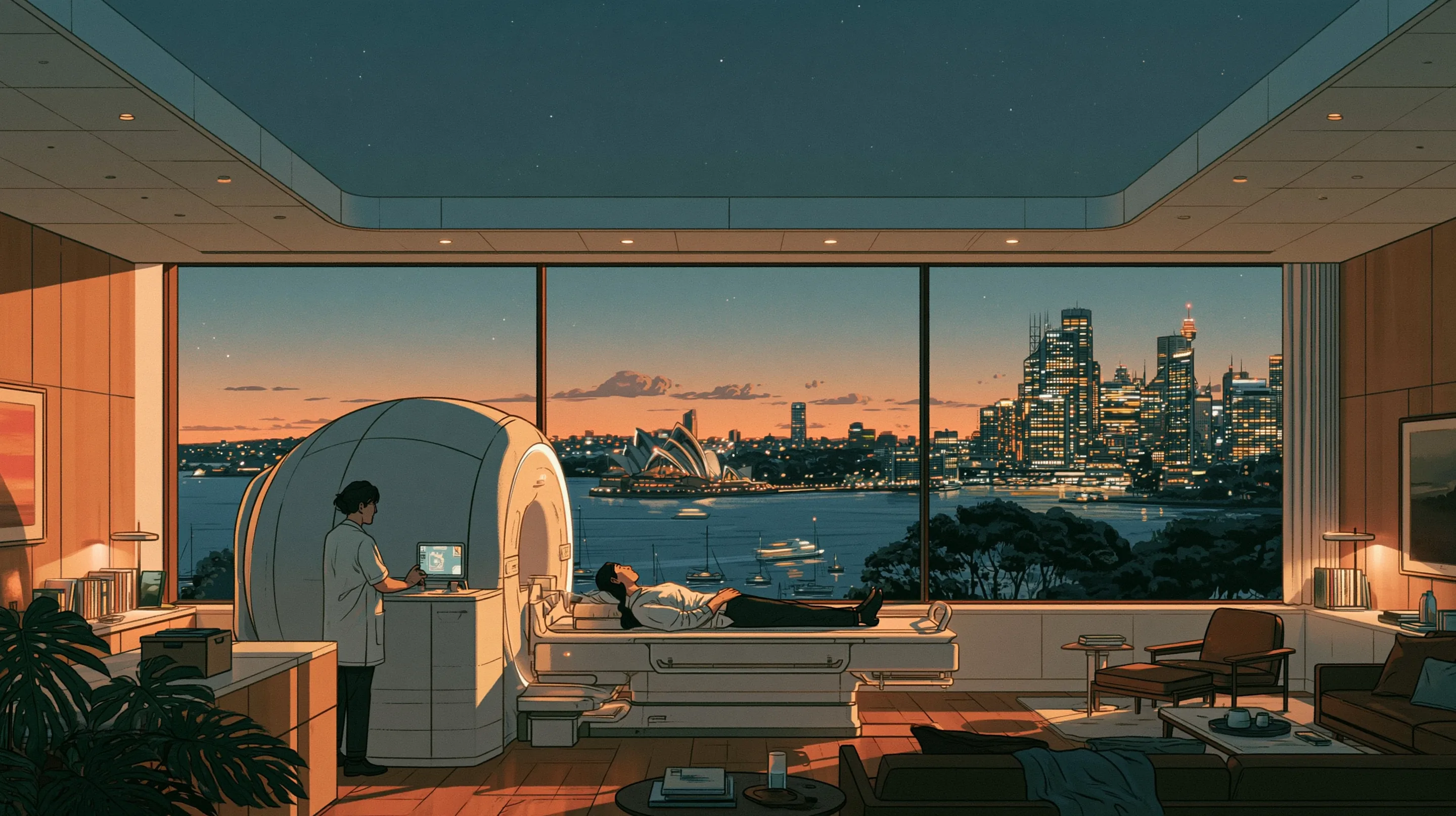 A calm private MRI suite of warm timber at dusk, a guest resting on the scanner bed and a radiographer at the console, the Opera House and the Sydney skyline across the harbour