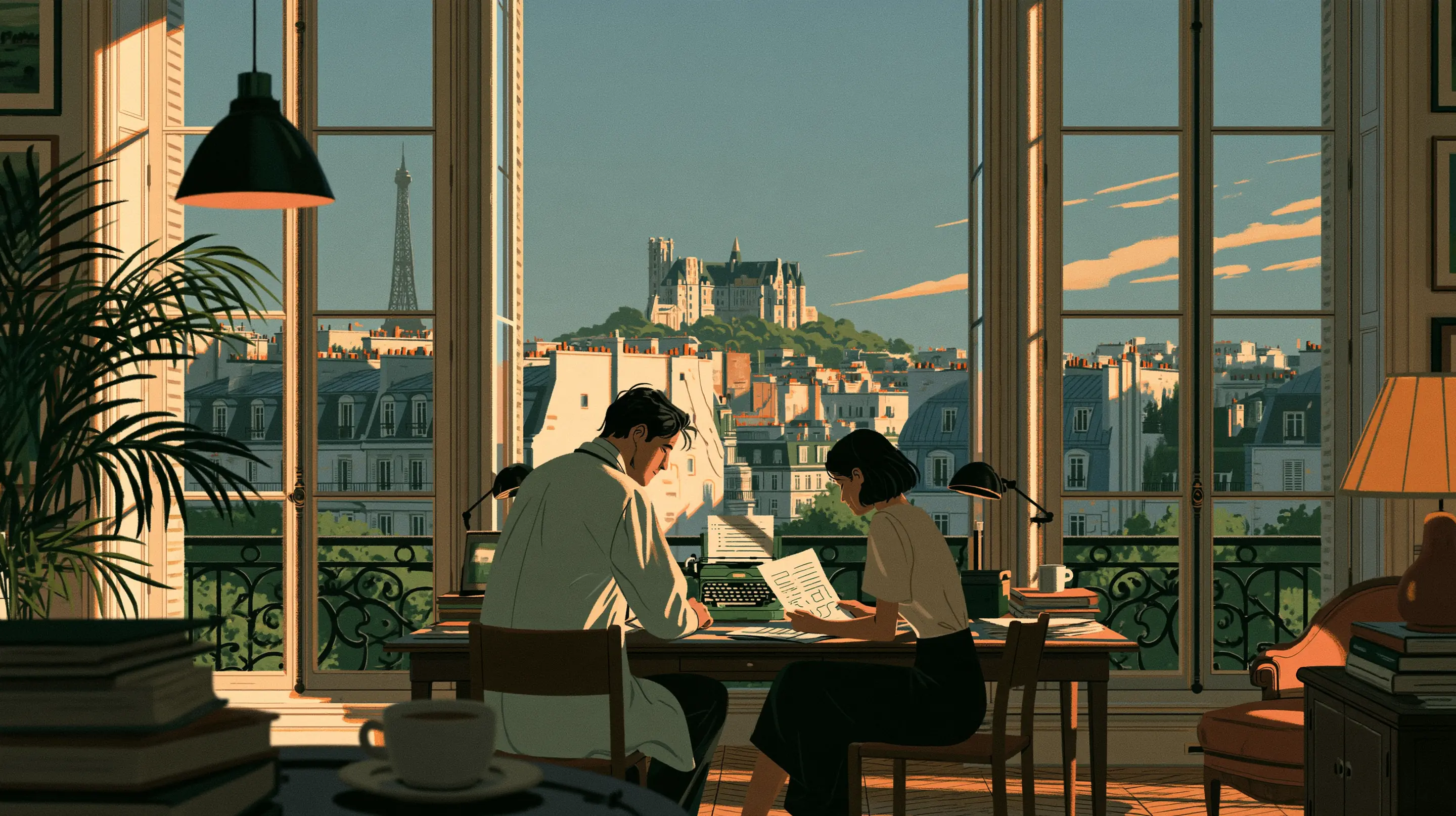 A doctor and a client reviewing results at a desk by tall windows in a Haussmann consulting room, the Paris rooftops, Sacré-Cœur and the Eiffel Tower beyond
