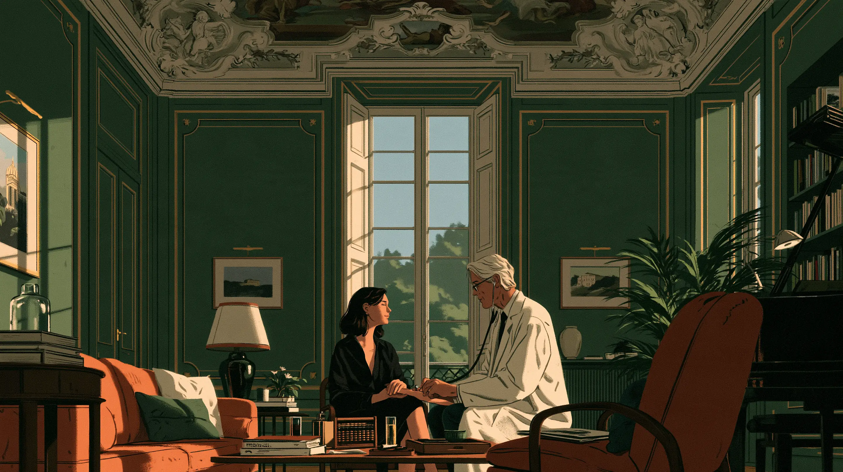 A doctor taking a woman's pulse in an elegant green consulting room in a Milan palazzo, a frescoed ceiling and tall shutters open to the morning