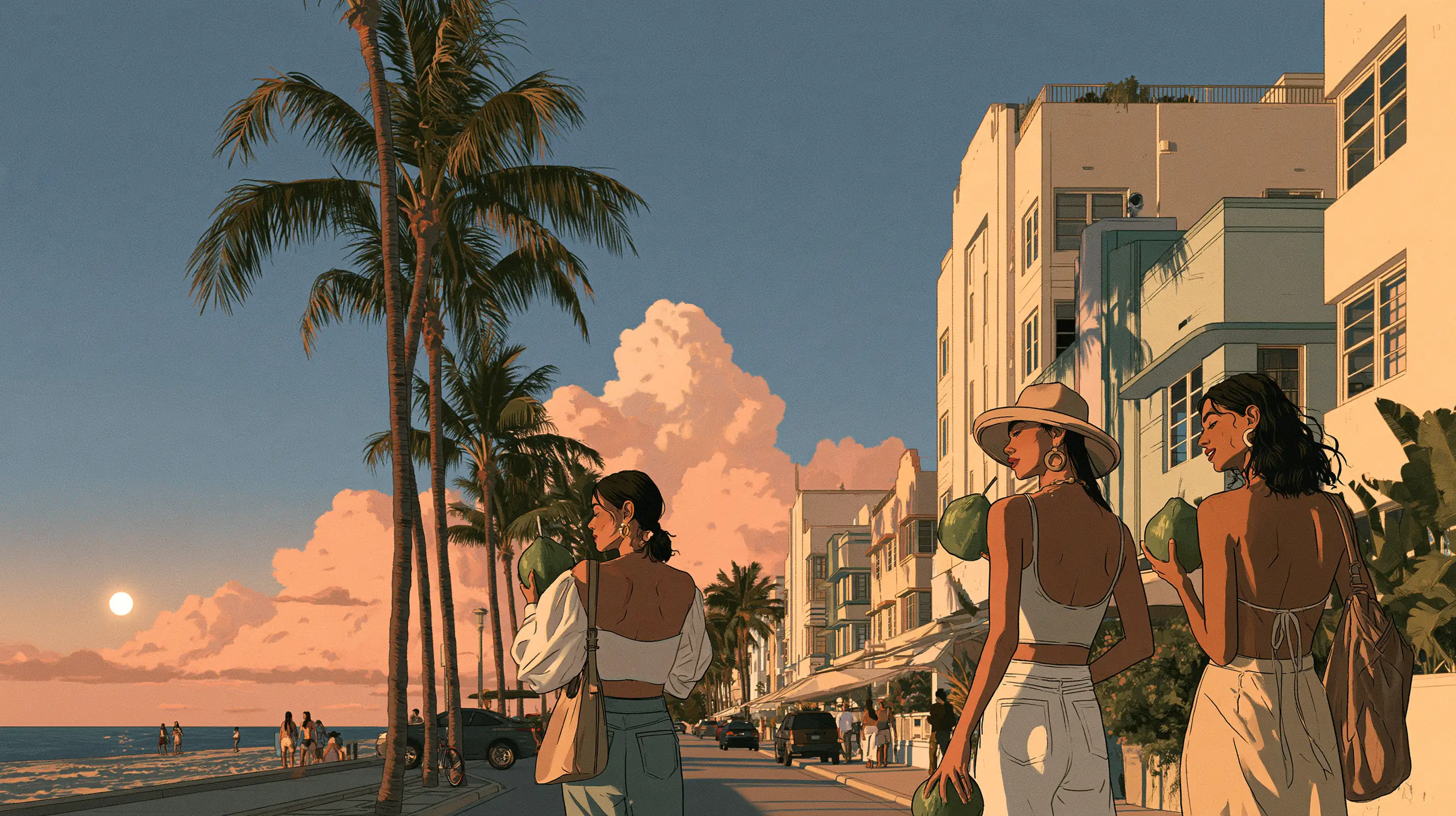 Three friends walking along Ocean Drive at sunset with fresh coconuts, palms, pale Art Deco hotels and the beach beside them