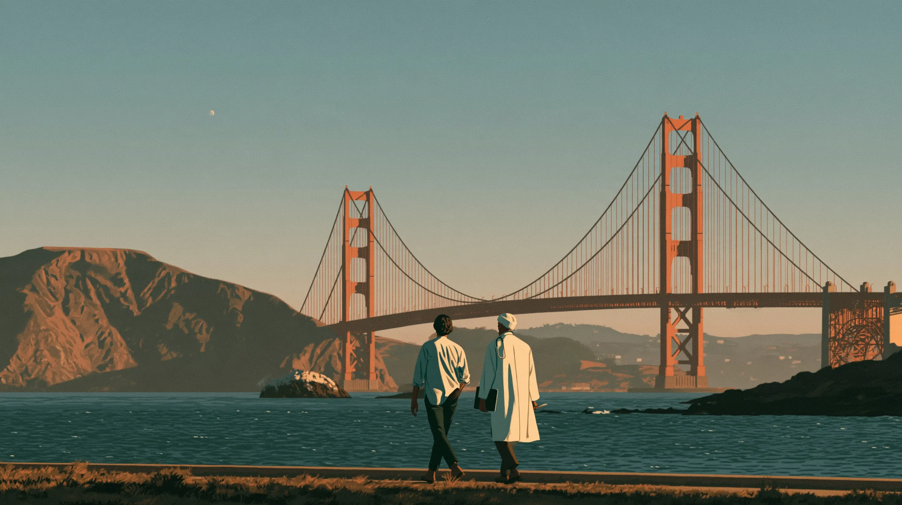 A founder and a doctor in a white coat walking together along the shore in the morning, the Golden Gate Bridge across the water