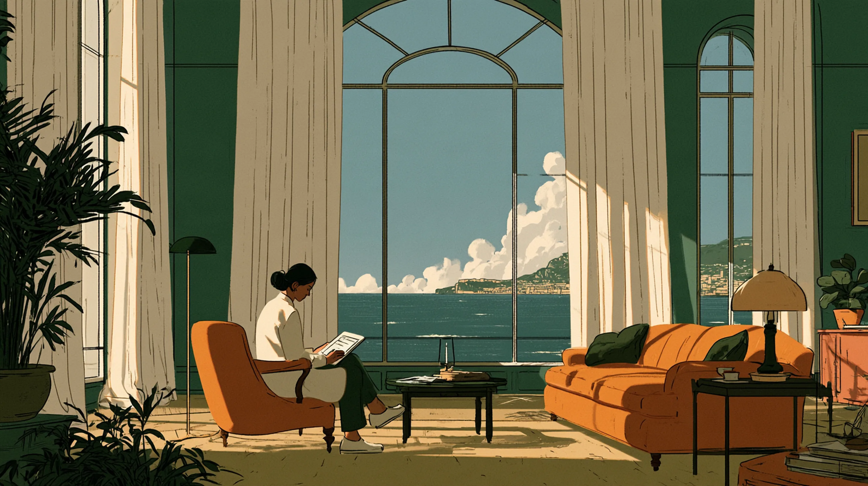 A doctor with a tablet consulting an elegant client in a sunlit Monaco apartment with a sea view