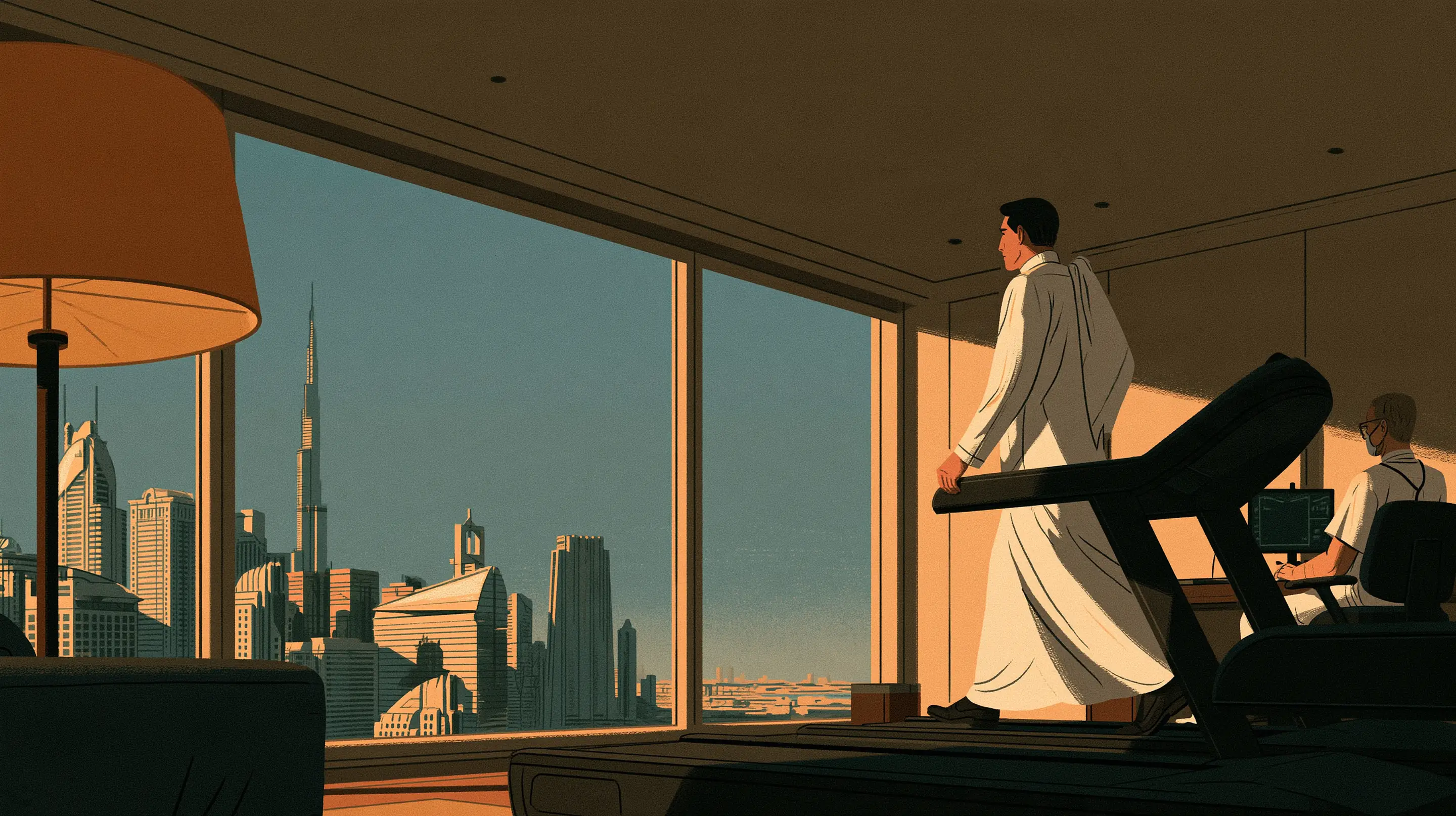An executive in a white kandura walking on a treadmill in a suite high above Dubai, a doctor watching his readings on a monitor beside him, the Burj Khalifa beyond