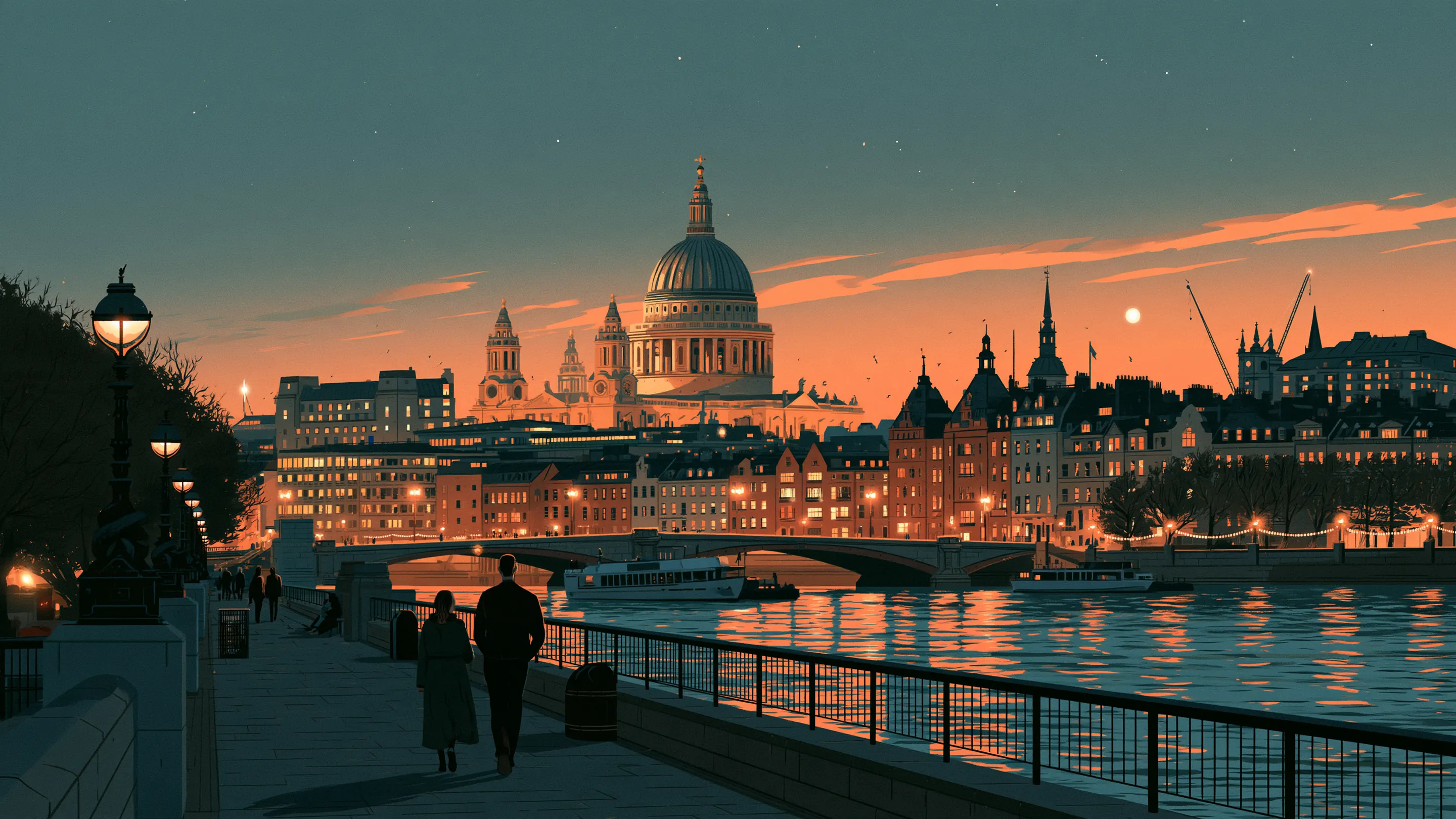 A father and his adult daughter walking along the South Bank at dusk with St Paul’s across the river
