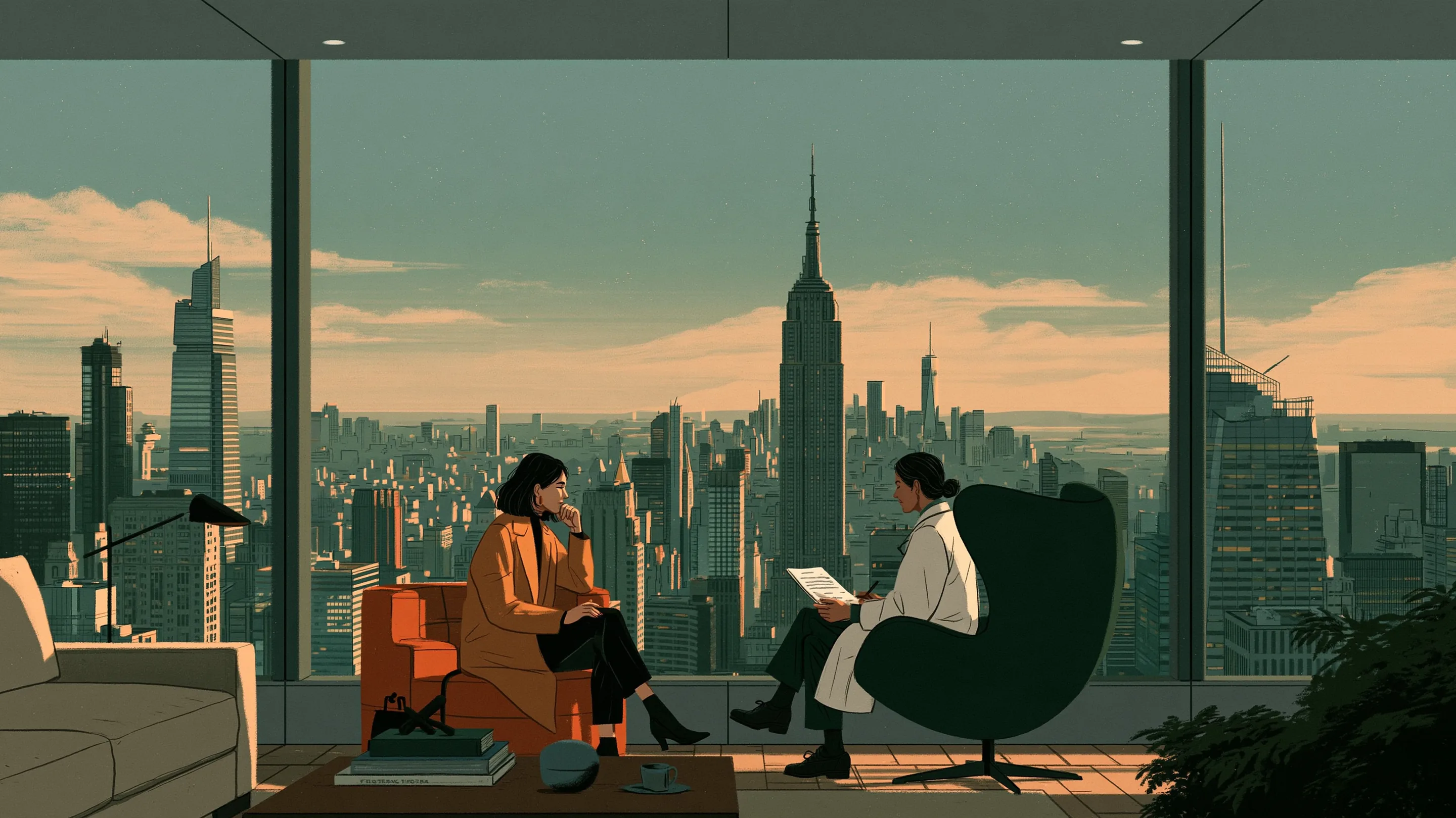 A managing partner seated with her doctor in a Midtown corner office, Manhattan below in autumn light