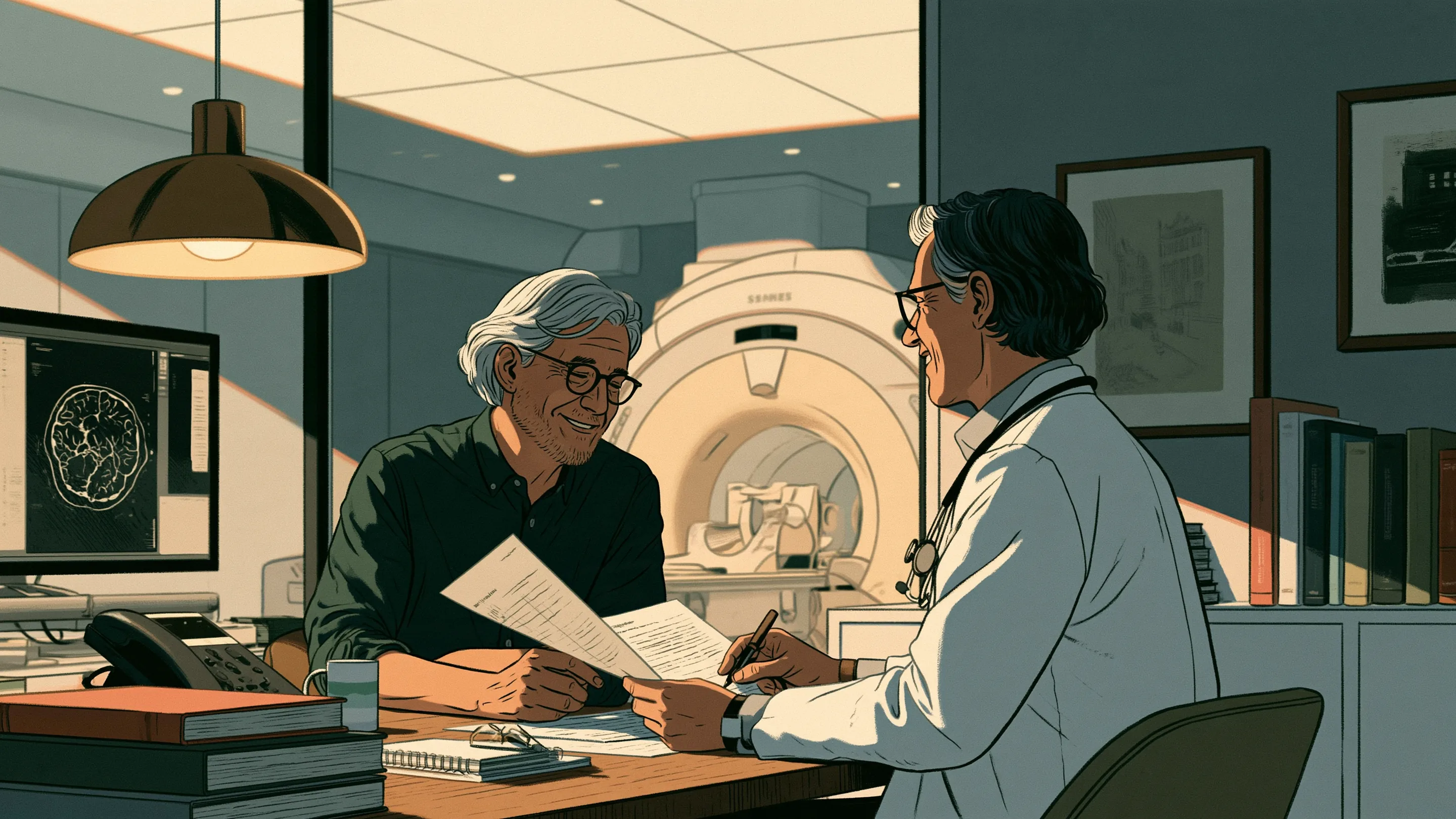 A physician and a patient agreeing an imaging plan in a bright London consulting room