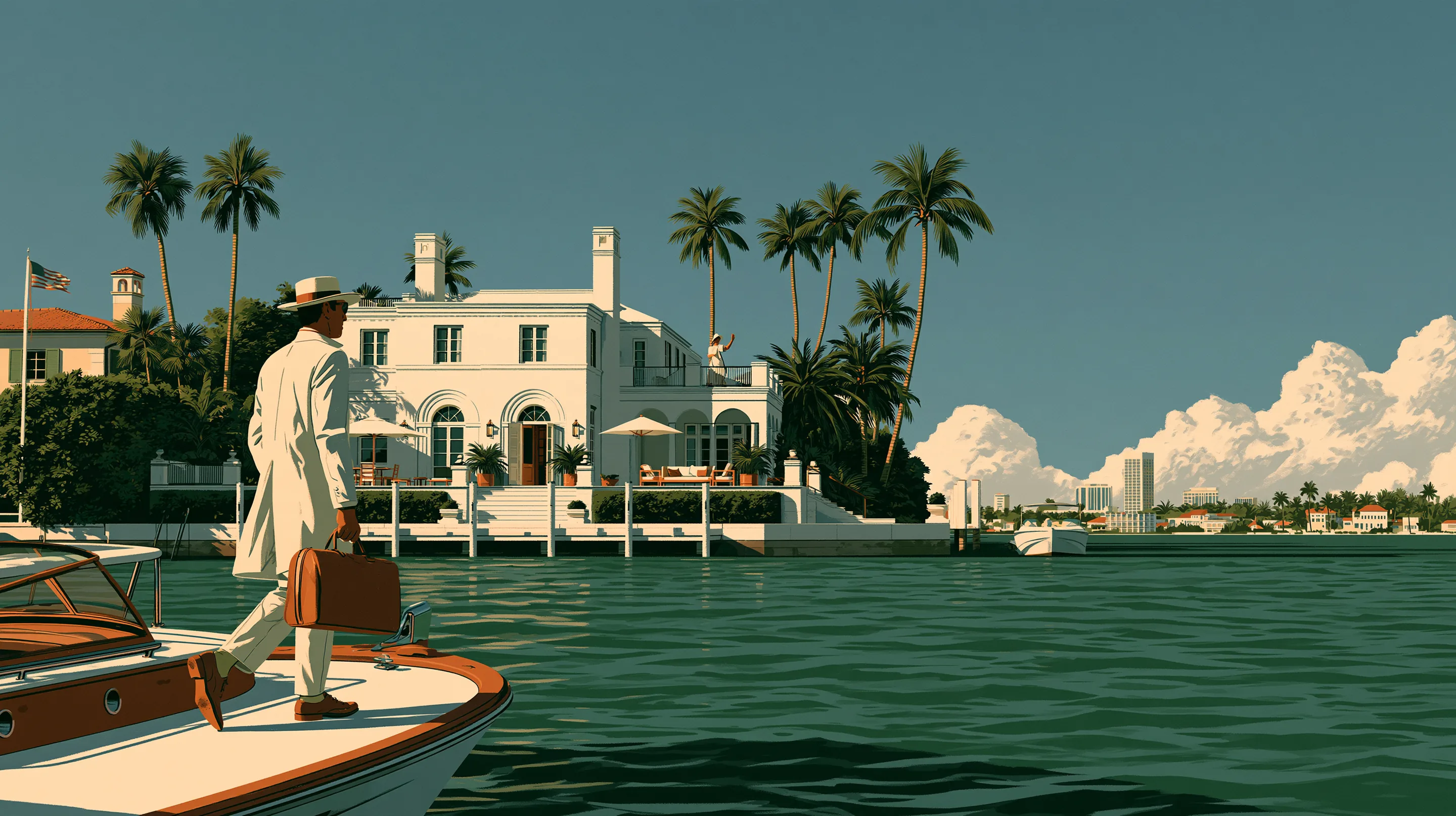 A doctor in a white suit with a leather bag stepping off a launch onto the dock of a white waterfront house on Star Island, palms and turquoise water