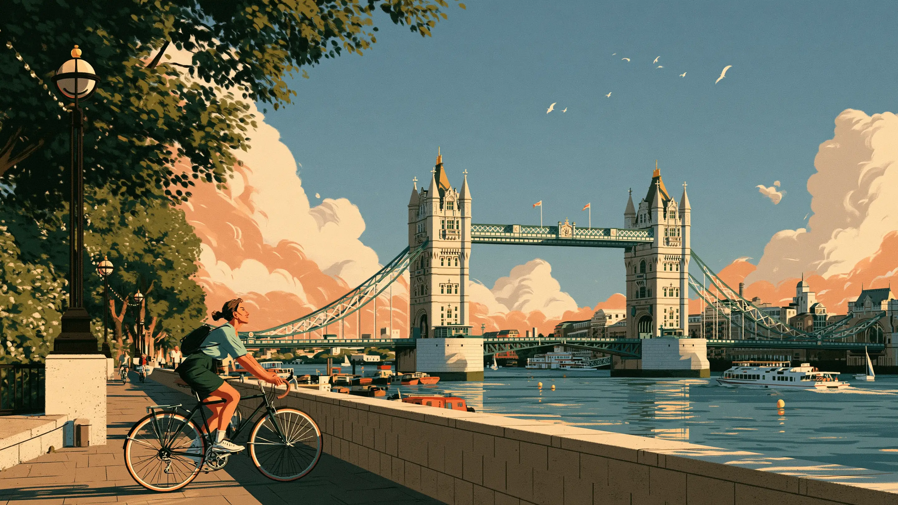 A woman cycling beside the Thames in the morning with Tower Bridge behind