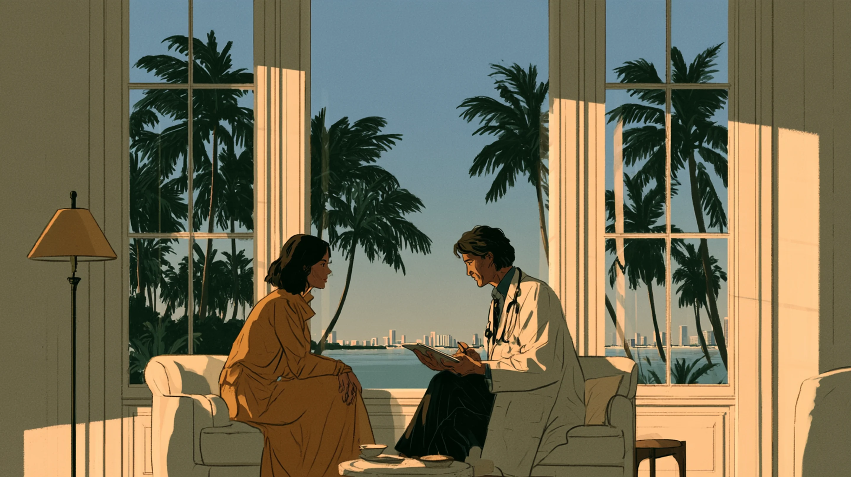 A doctor with a tablet consulting an elegant client in a bright room with tall windows onto palm trees and the bay in Miami