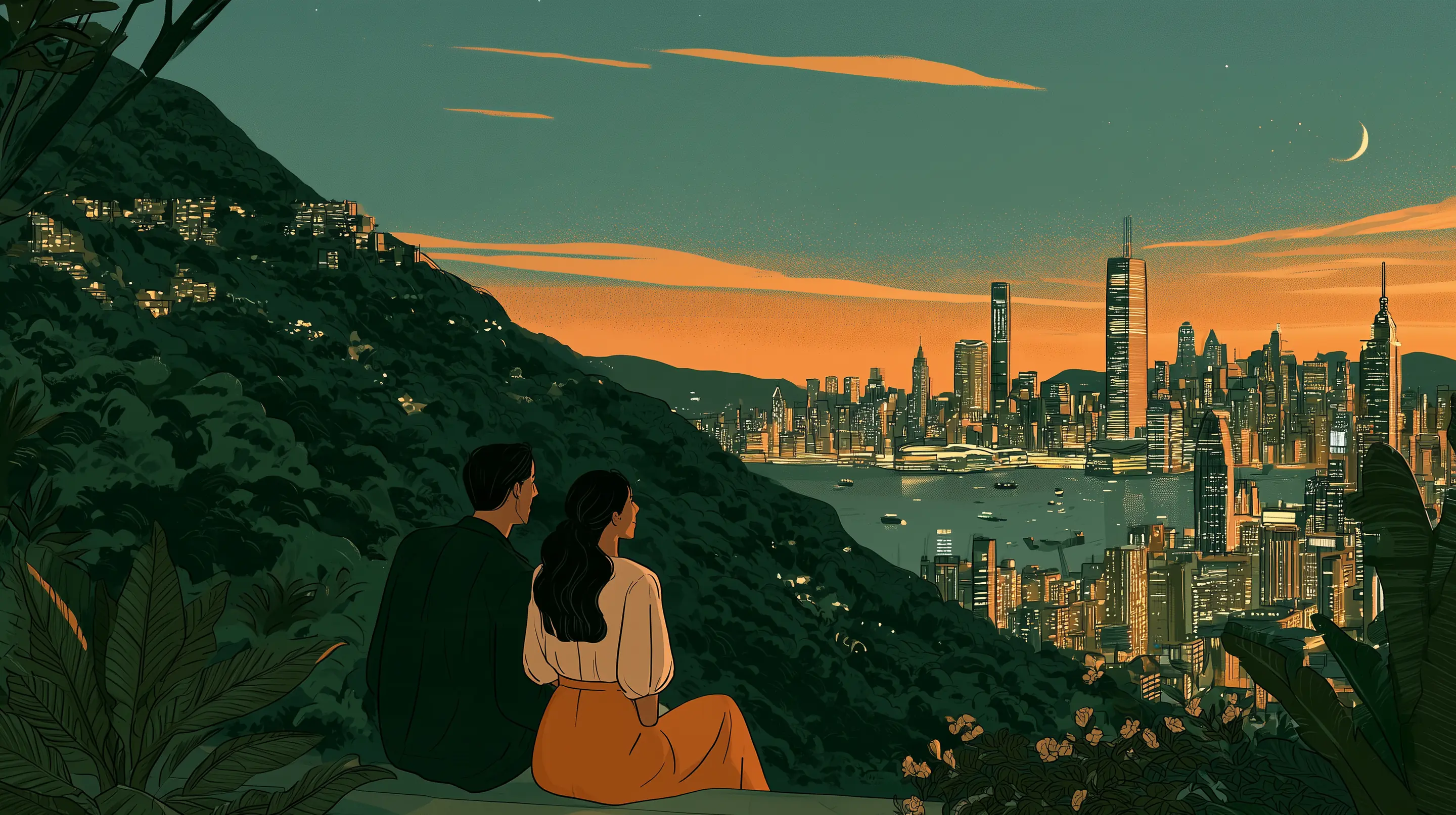 An elegant couple on a terrace high on the Peak at dusk looking over Victoria Harbour and the Hong Kong skyline