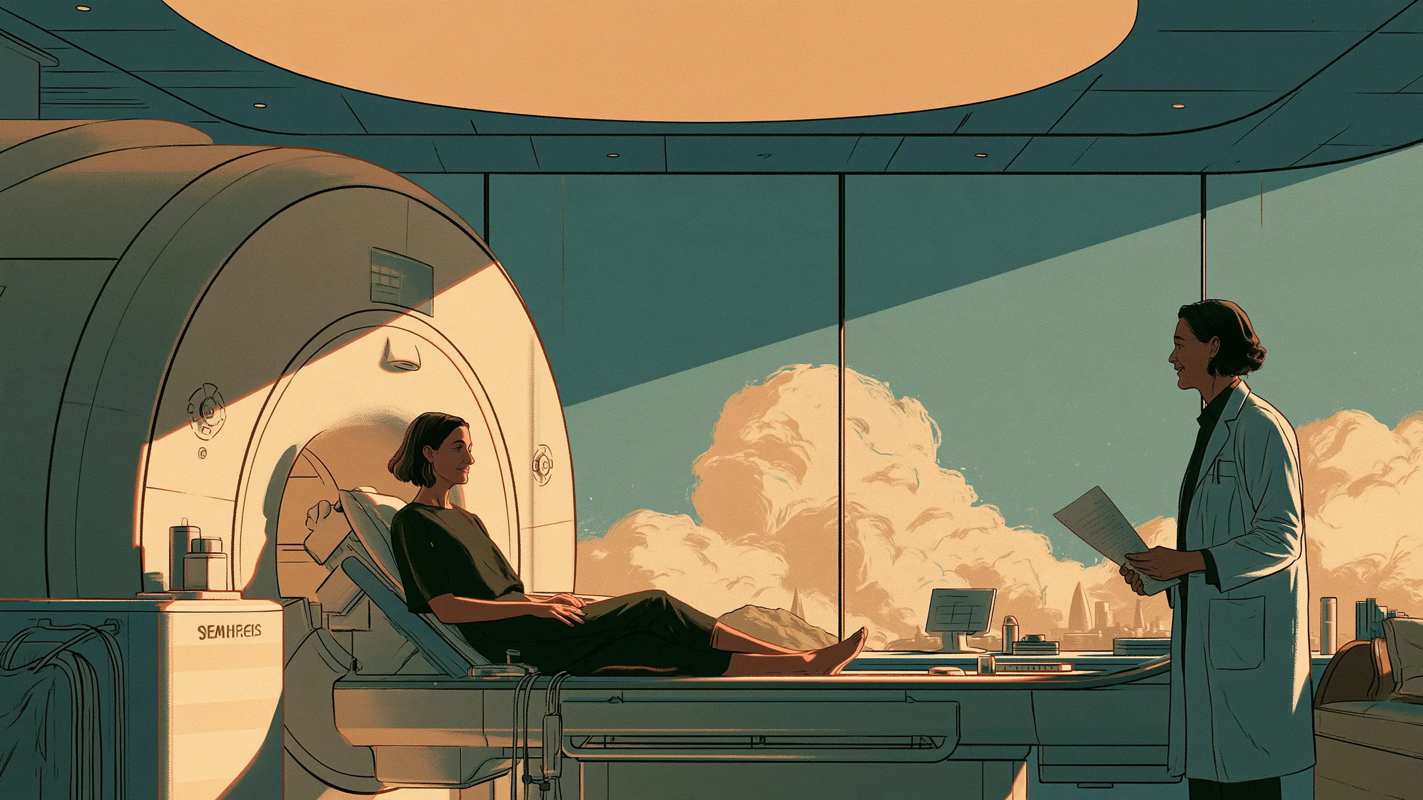 A patient and a radiologist talking beside a wide bore MRI scanner in a bright London imaging suite