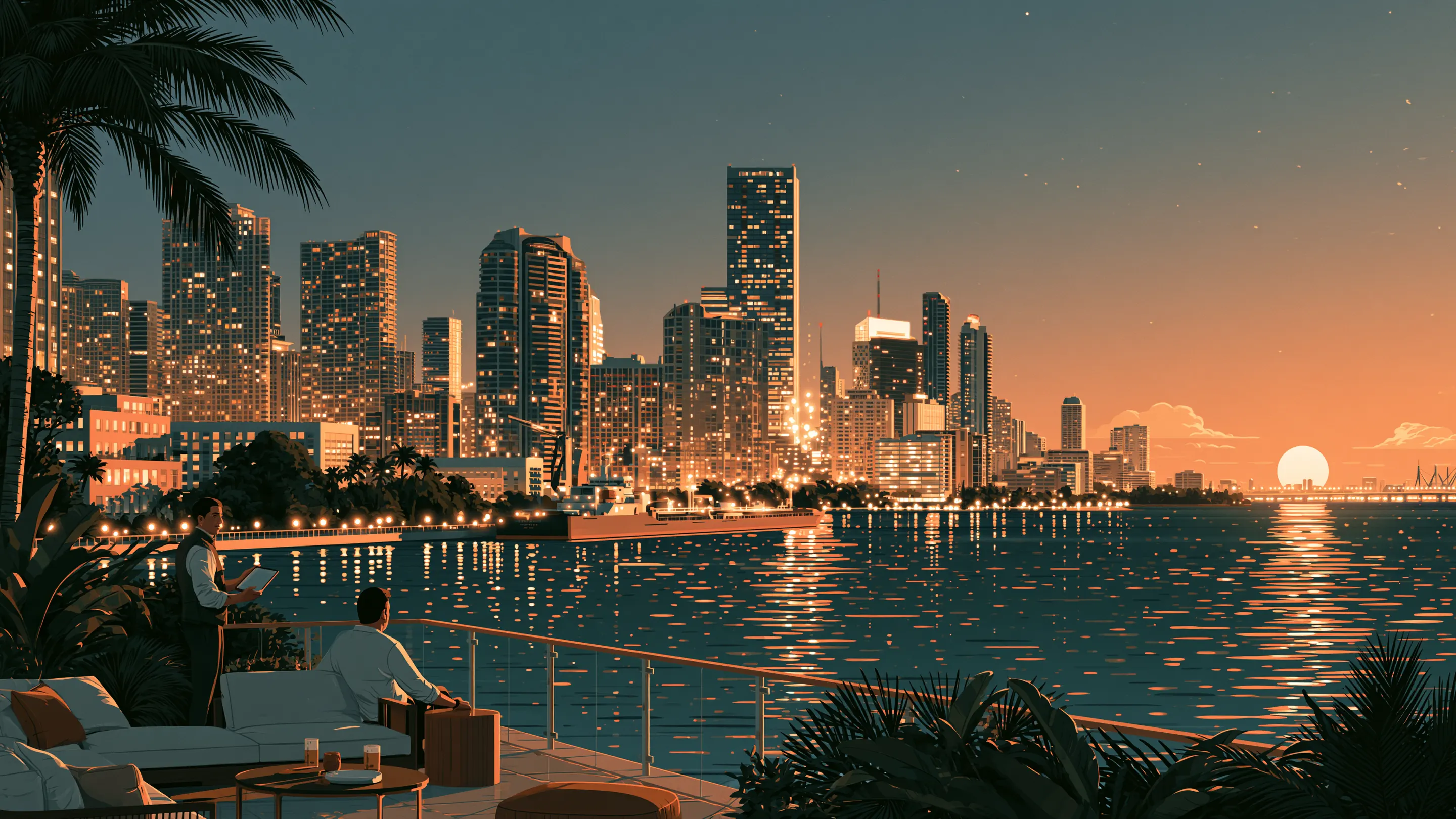 A principal on a Brickell terrace in the morning, a concierge beside him, Biscayne Bay beyond