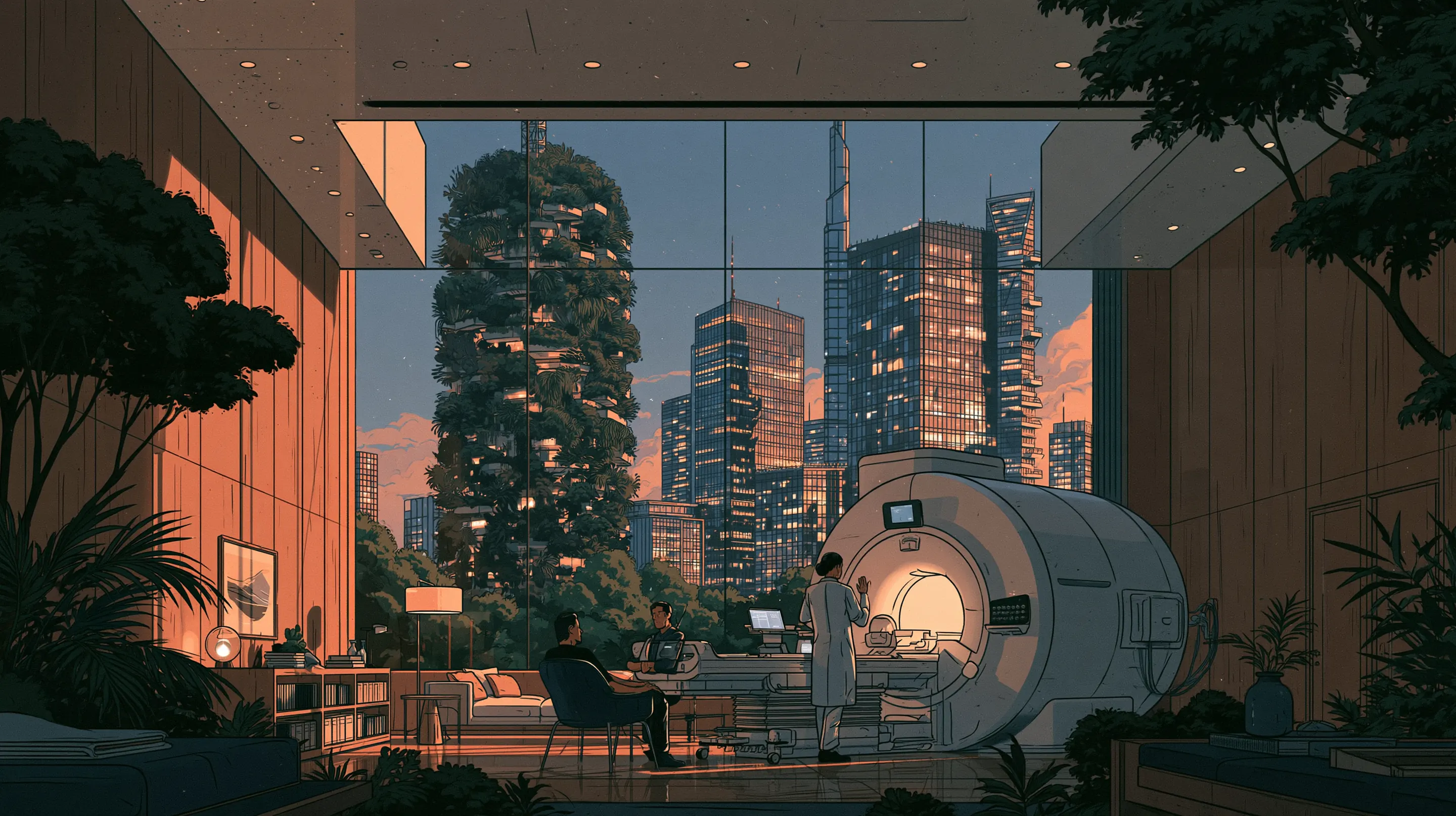 A calm private MRI suite of warm walnut in a Porta Nuova tower at dusk, a radiographer with a guest at the scanner, the Bosco Verticale glowing through the window
