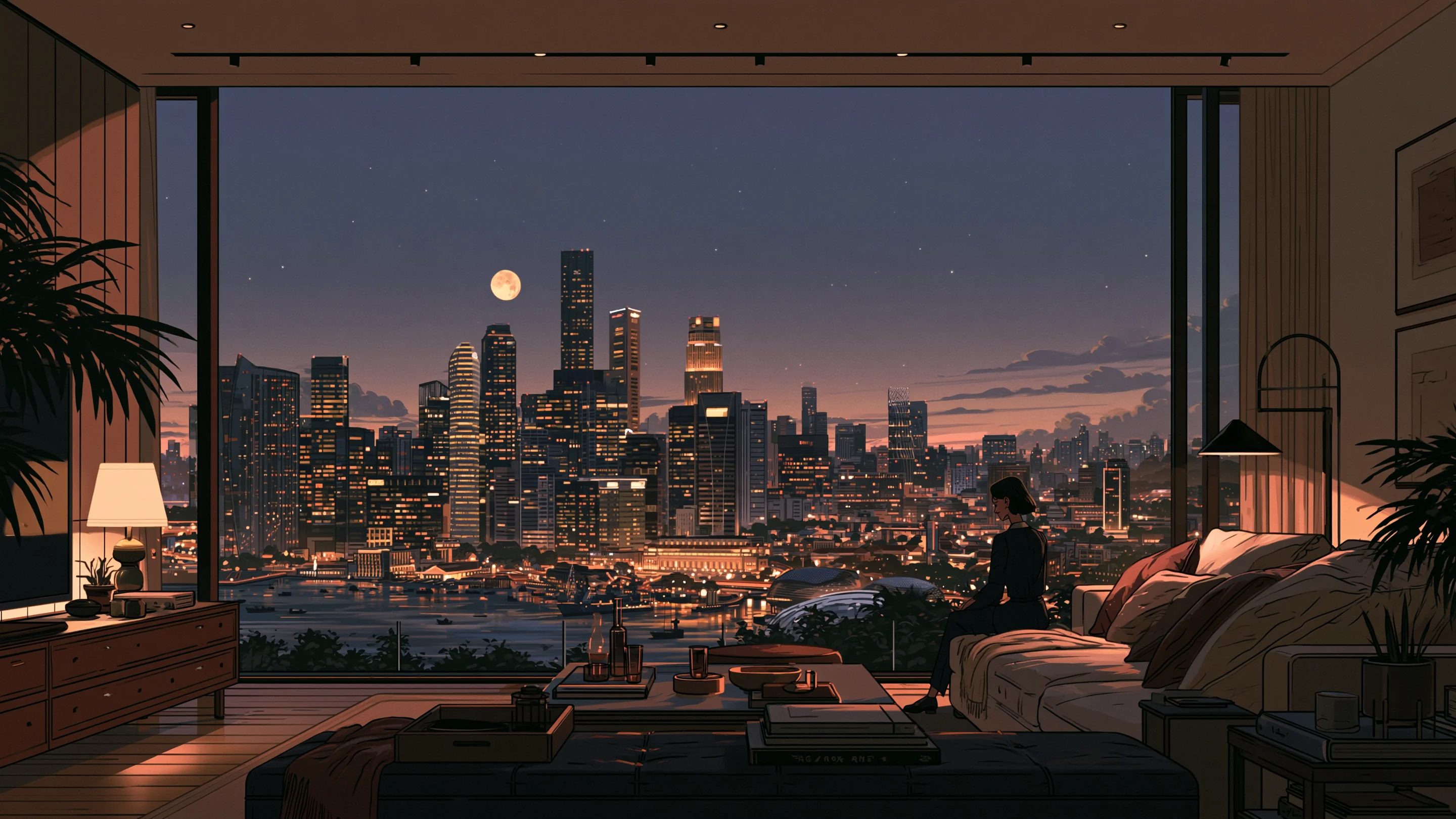 A woman standing at a vast window above Marina Bay in the evening, the skyline lit behind her