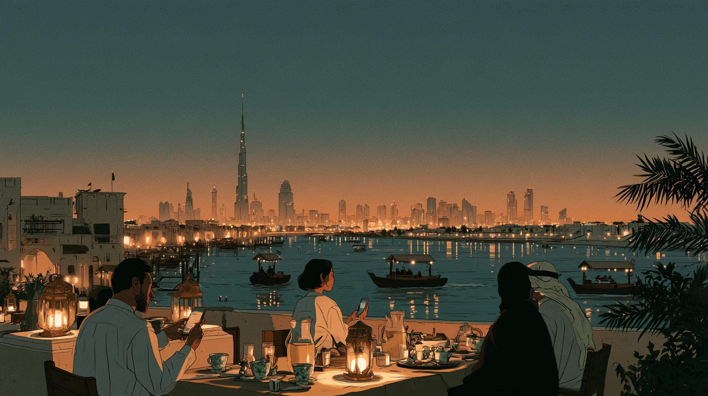 Friends at dinner on a terrace above Dubai Creek at night, lanterns and jugs of fresh juice, the Burj Khalifa beyond