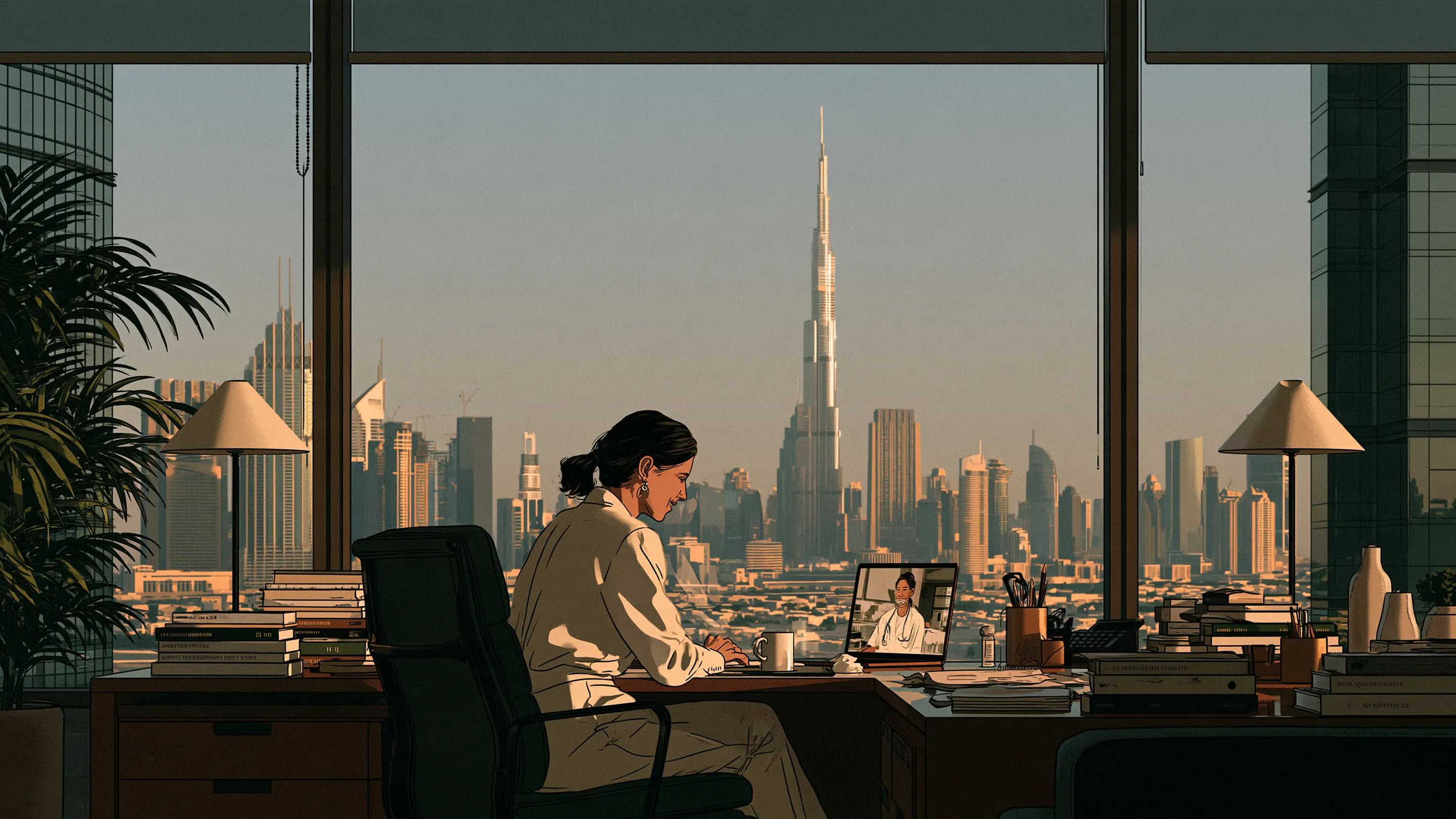 A regional director at ease in a soaring Dubai office at golden hour, the Burj Khalifa beyond the glass