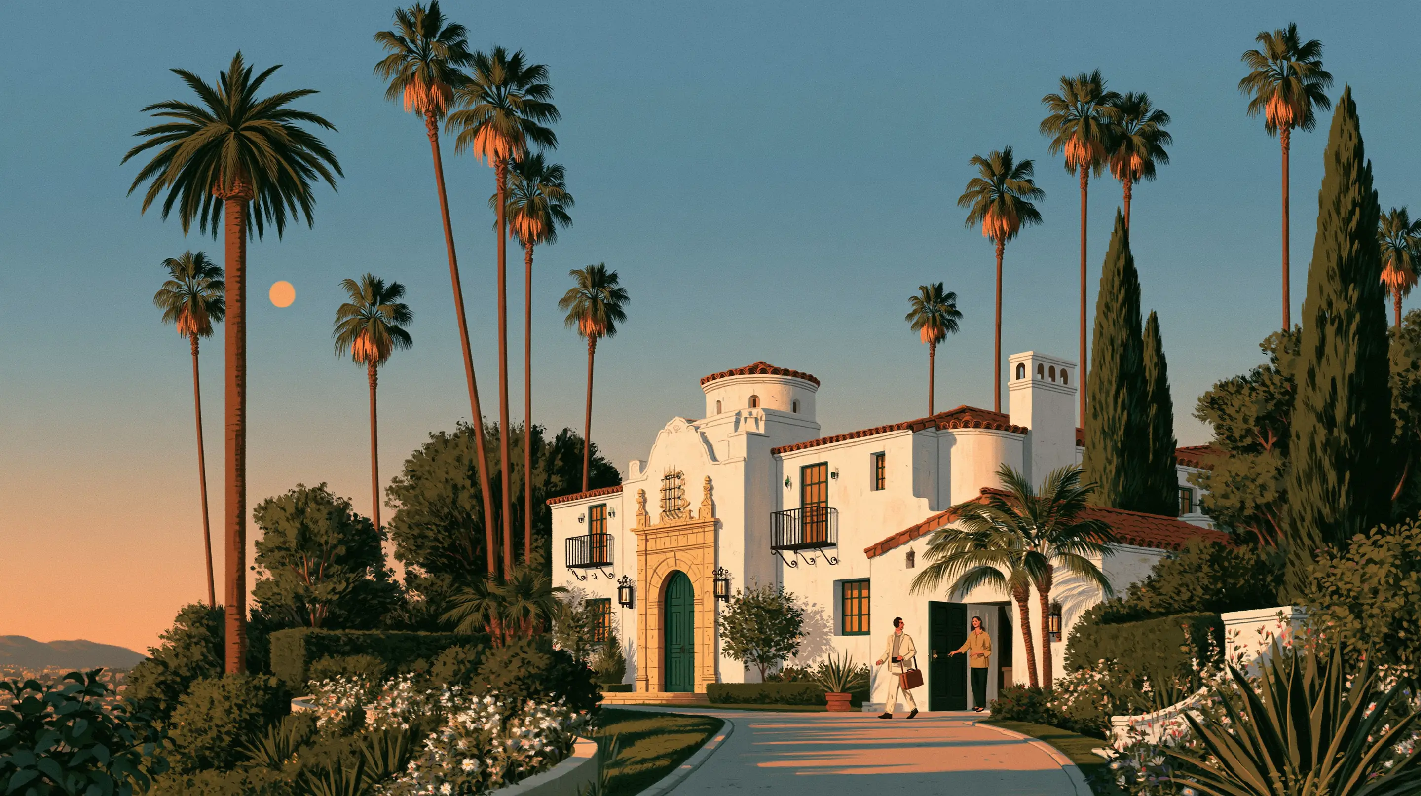 A doctor with a leather bag walking up the drive of a white Spanish Colonial villa in Beverly Hills at golden hour, the owner waiting at the open door, palms against a dusk sky
