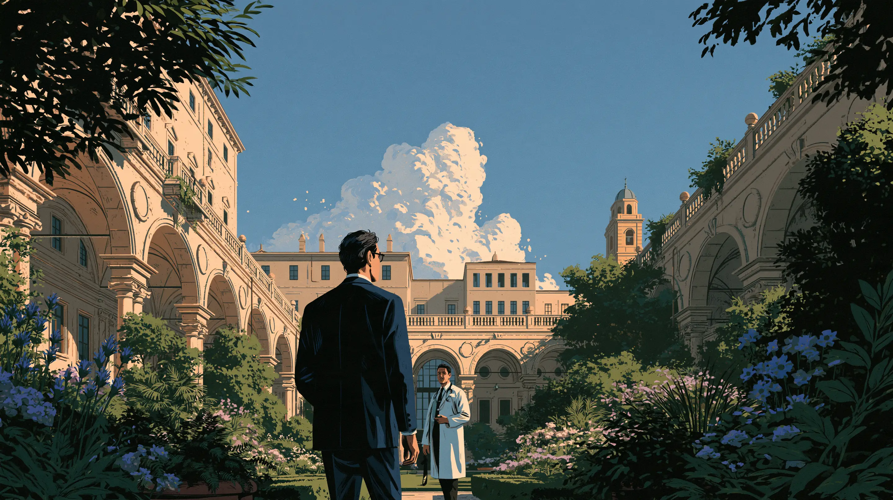A man in a navy suit walking through the arcaded garden courtyard of a Milanese palazzo clinic in morning light, a doctor in white coming to meet him