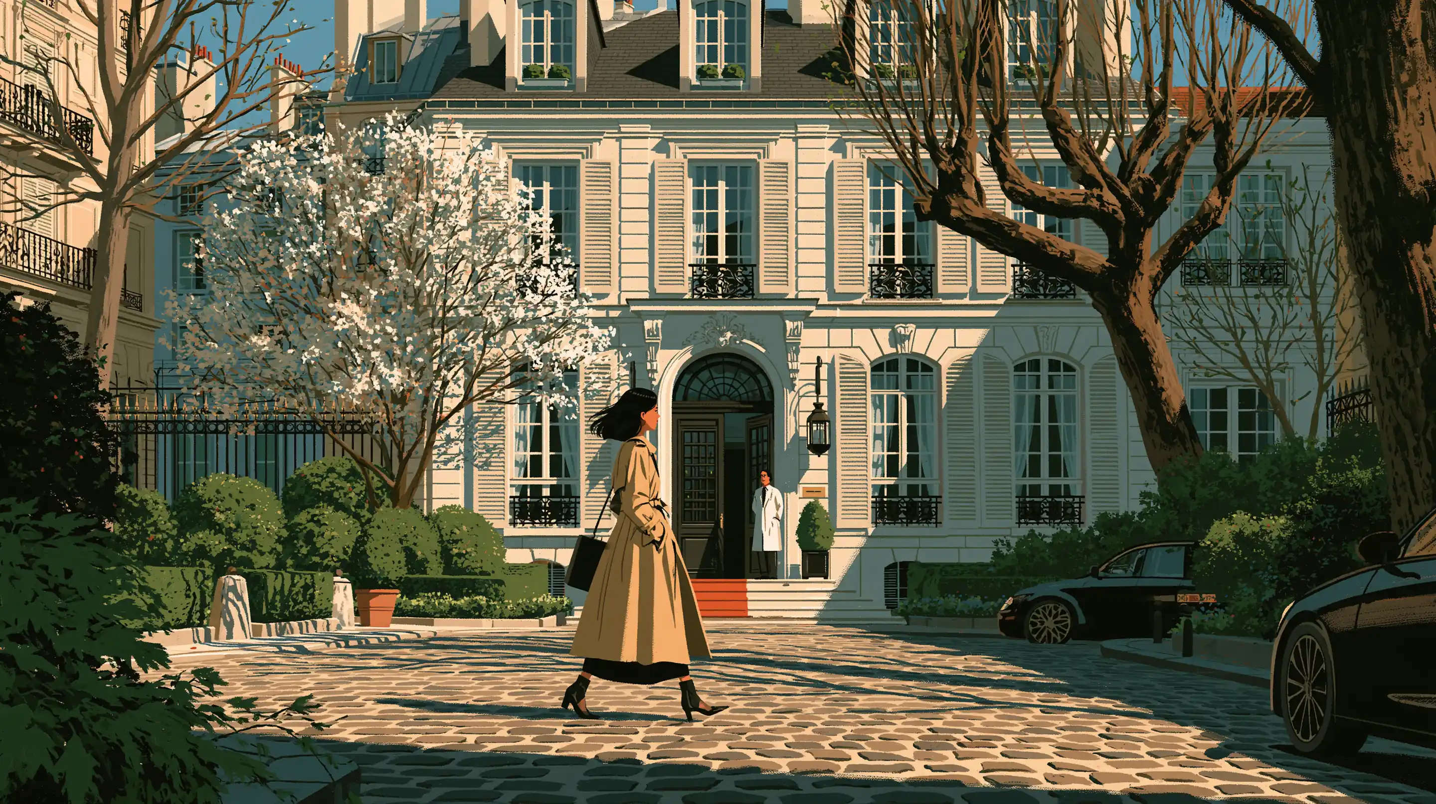 A woman in a trench coat crossing a cobbled courtyard in the 8th arrondissement to a doctor waiting at the door of a private clinic, chestnut trees in flower