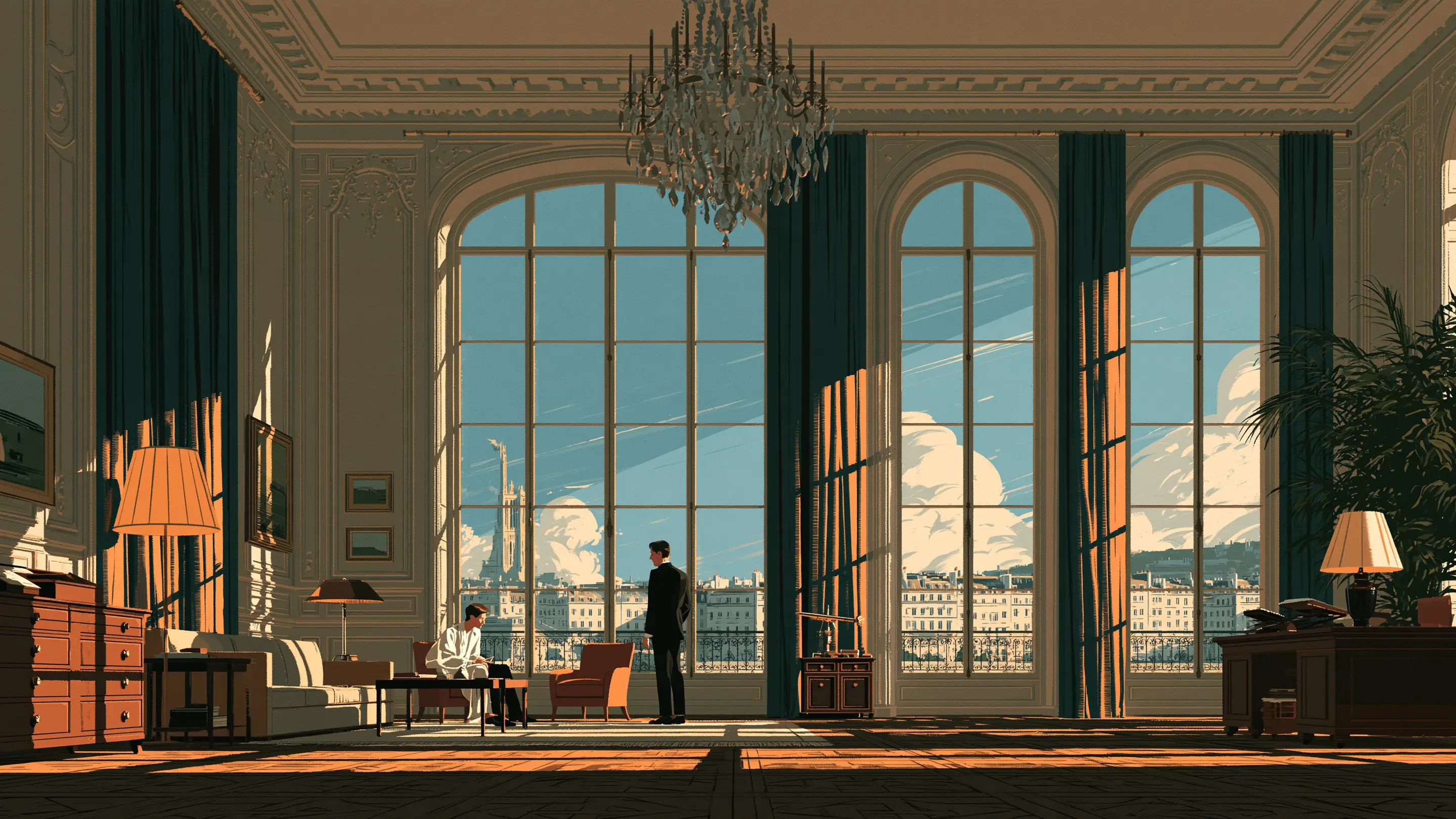 A chief executive talking with a physician by tall windows in a vast Paris atelier office