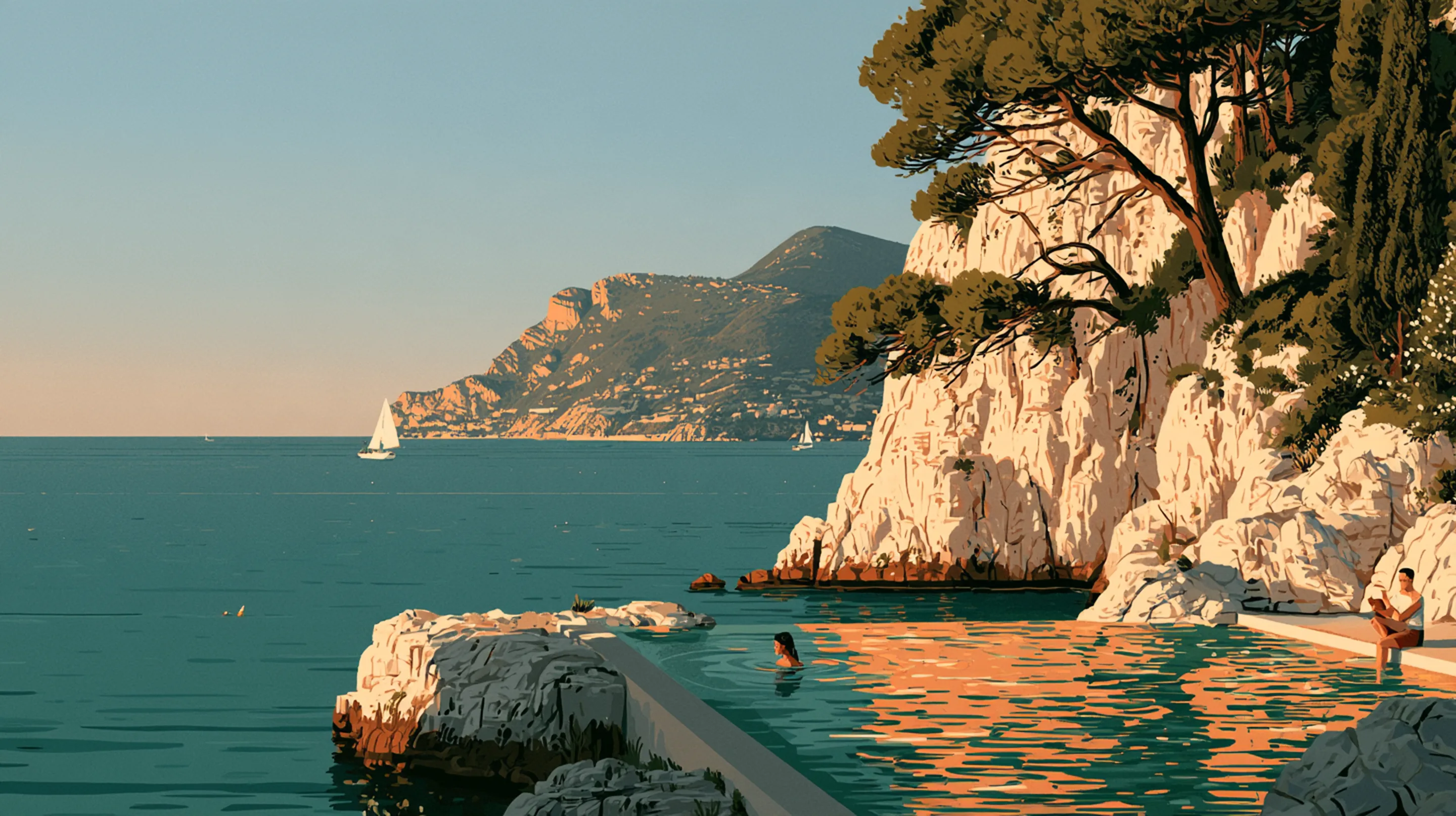 A woman swimming in a cliffside sea pool on the Riviera near Monaco at sunrise, a man reading on the rocks, pines and the calm sea