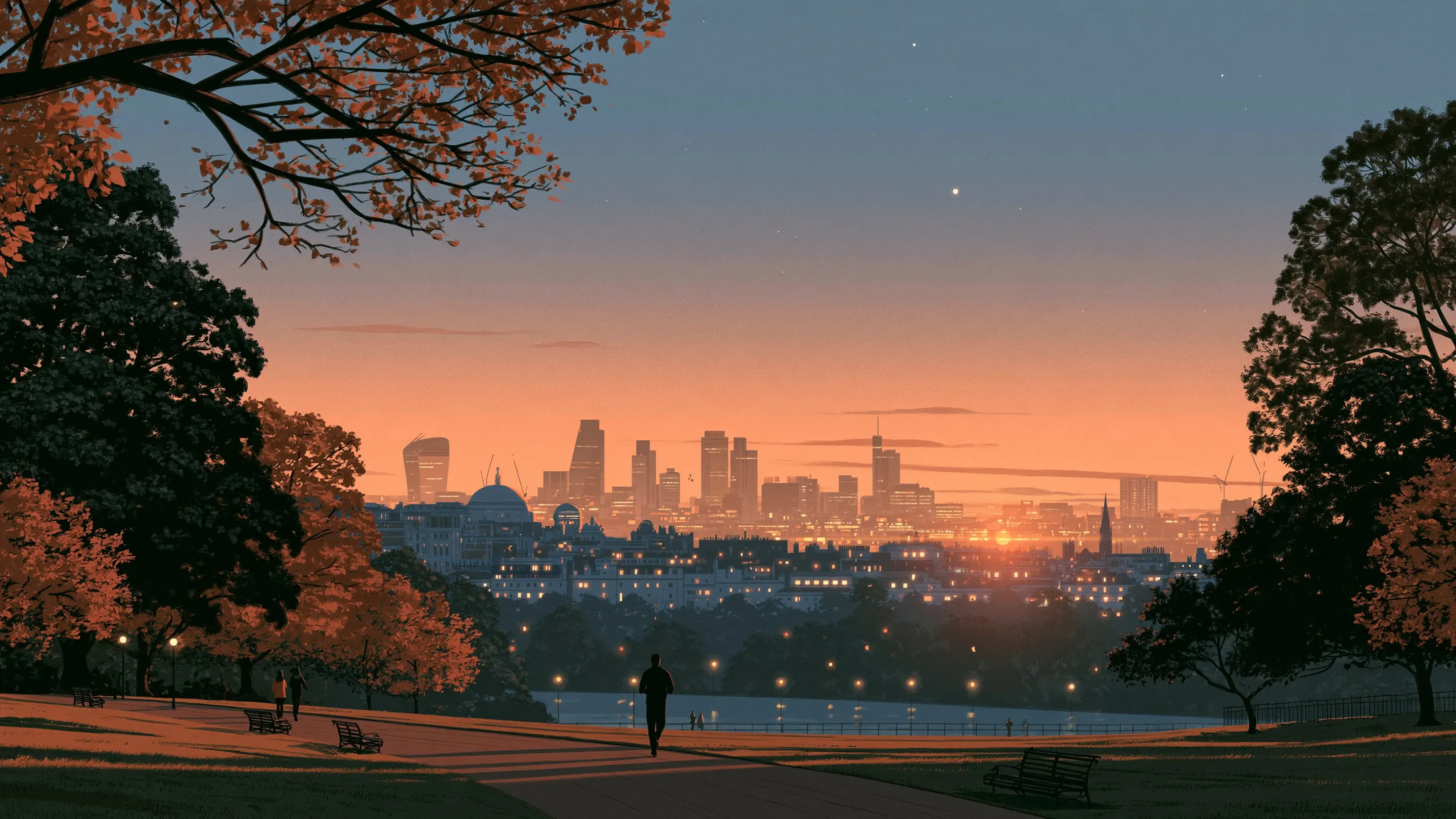 A man jogging through Regent’s Park at sunrise with the London skyline behind