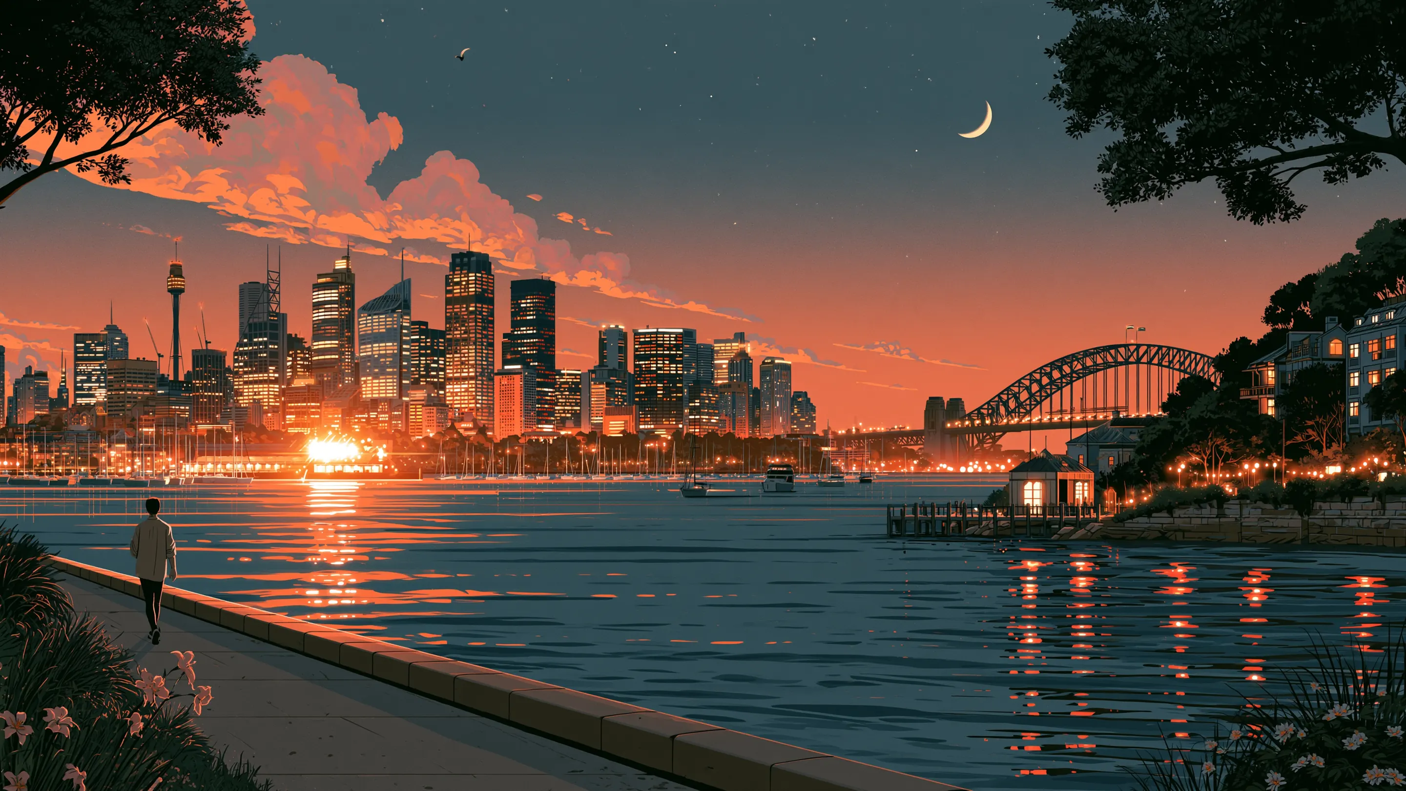 A man walking along the Barangaroo waterfront at sunrise, the harbour and bridge beyond