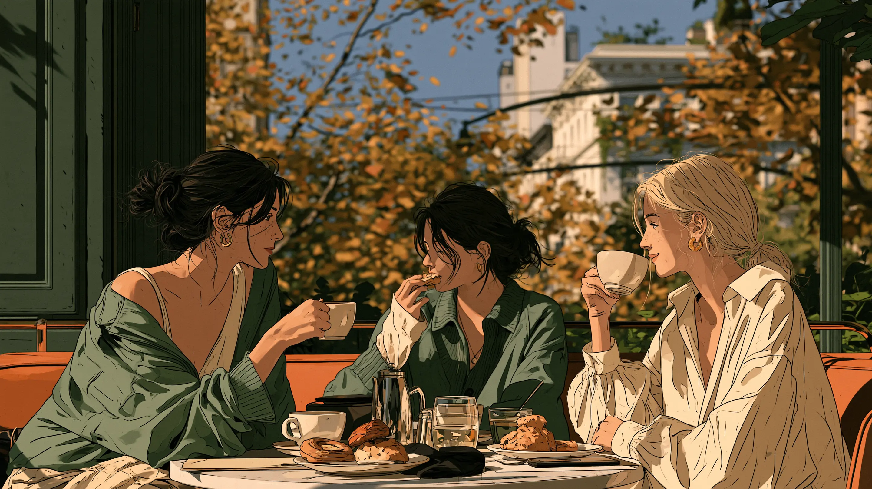 Three friends at a café table by a window in New York in autumn, coffee and pastries, yellow leaves and a white stone building outside