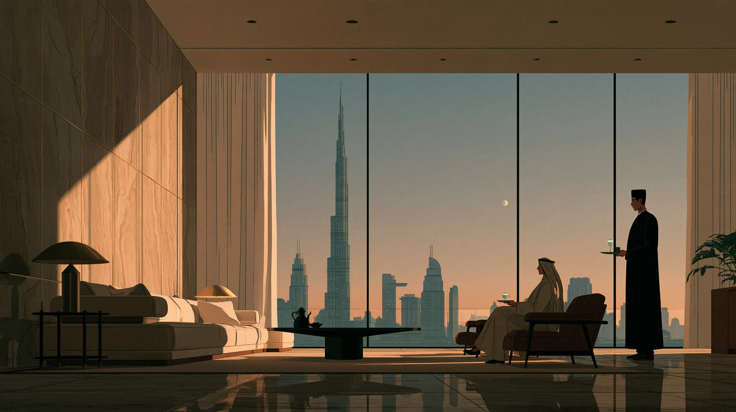 A calm travertine clinic lounge at dusk, a guest in a kandura seated by floor to ceiling windows onto the Burj Khalifa, a host bringing him tea