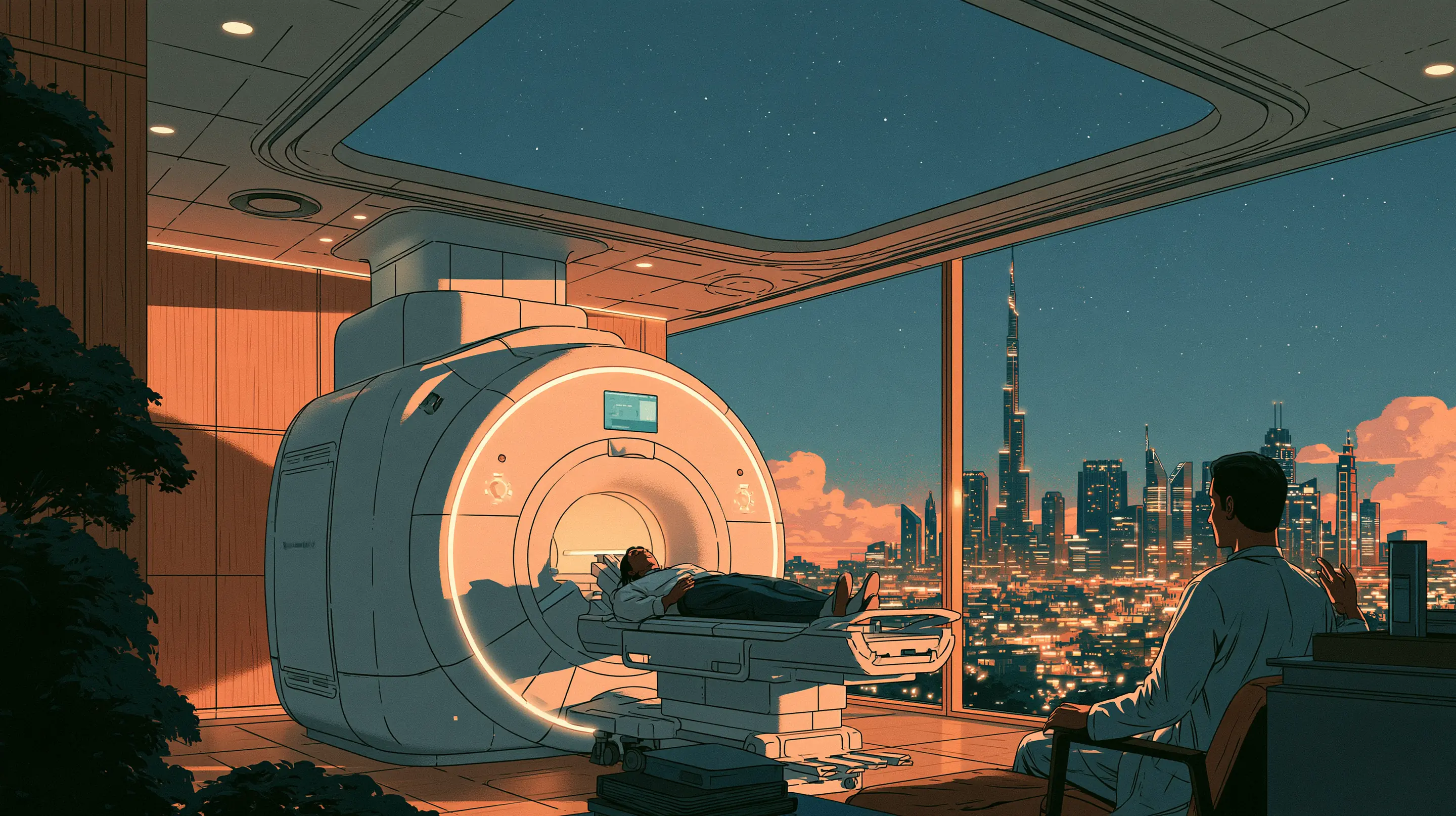 A calm private MRI suite above Dubai at dusk, a guest resting on the scanner bed, a radiographer at the window with the lit skyline and the Burj Khalifa beyond