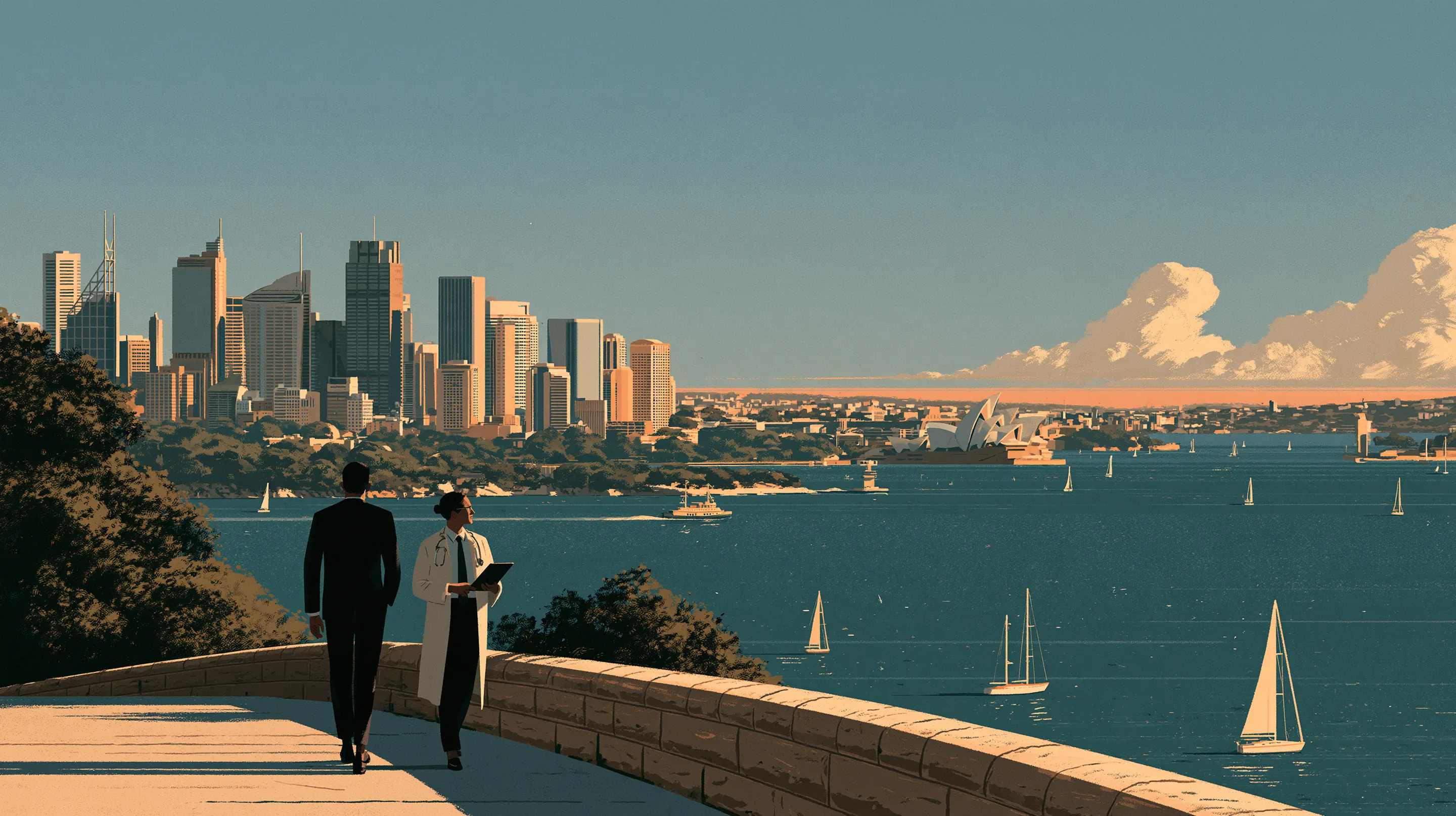 An executive walking with a doctor along a sandstone terrace above Sydney Harbour in the morning, sailboats below and the city beyond