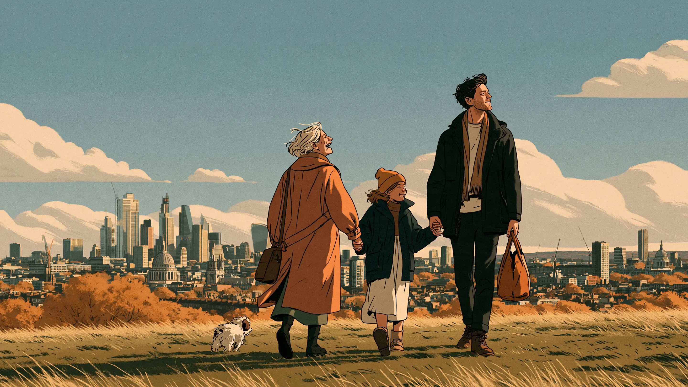 A grandmother, her son and granddaughter walking on Primrose Hill above London