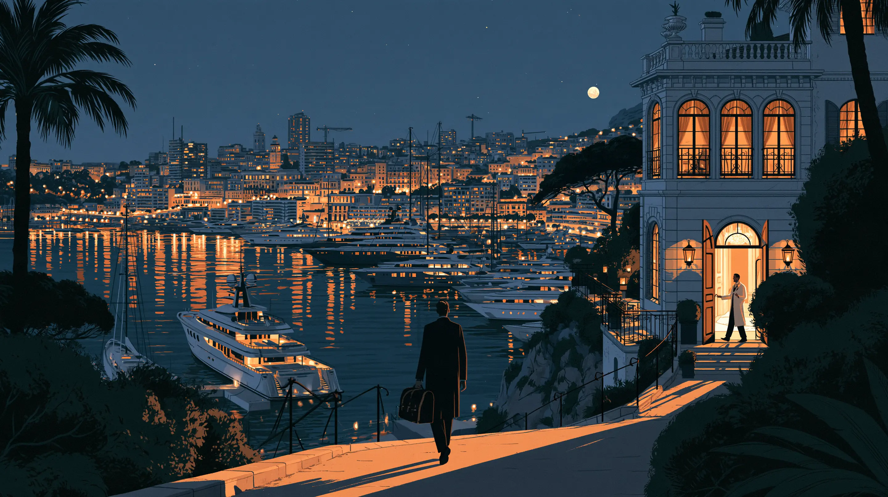 A doctor with a leather bag walking at night towards a lit villa above the Monaco harbour, the owner at the open door, yachts glowing on the water below