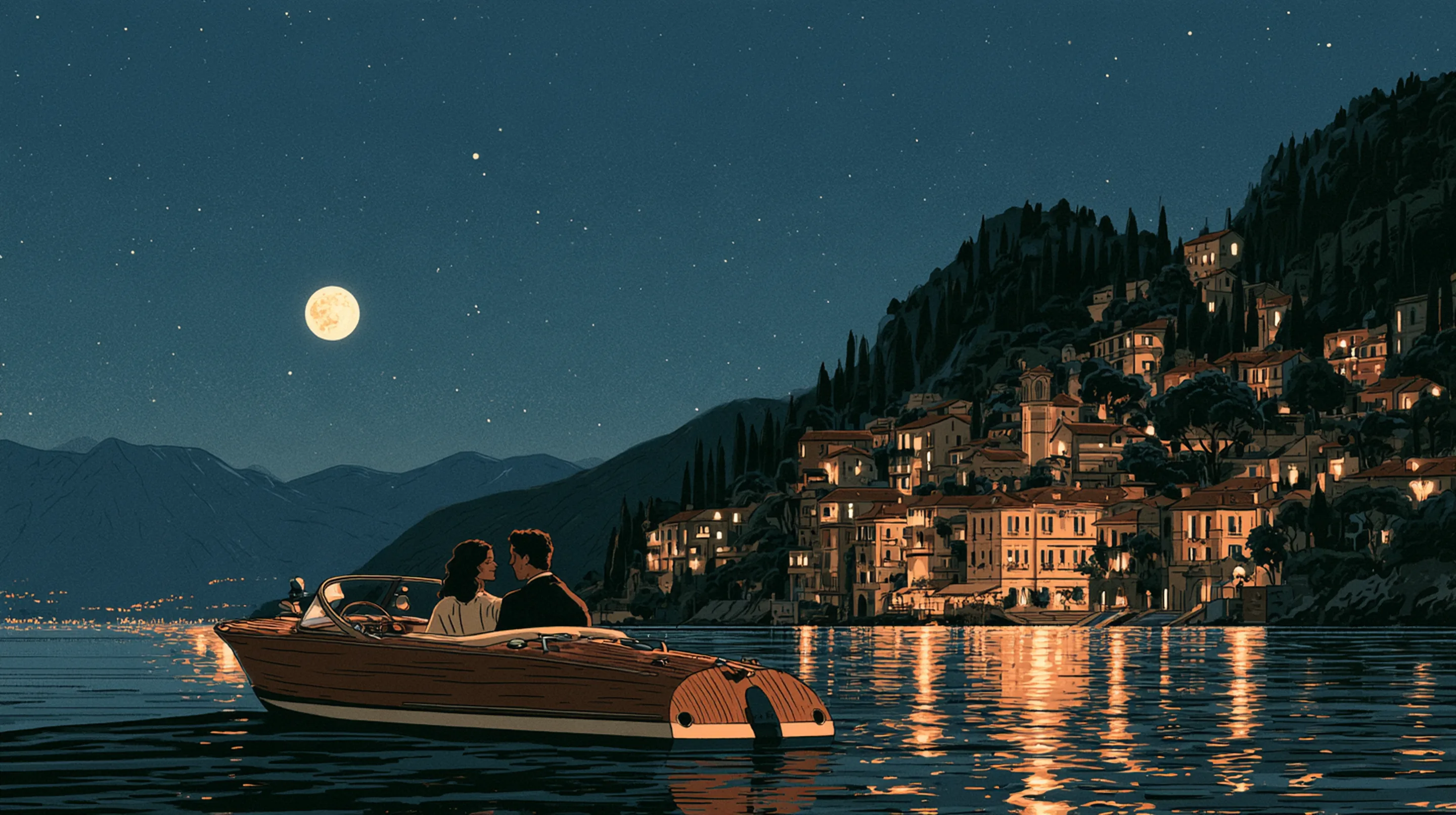 An elegant couple in a classic wooden speedboat on Lake Como at night, villa lights on the shore, reflections on the still water