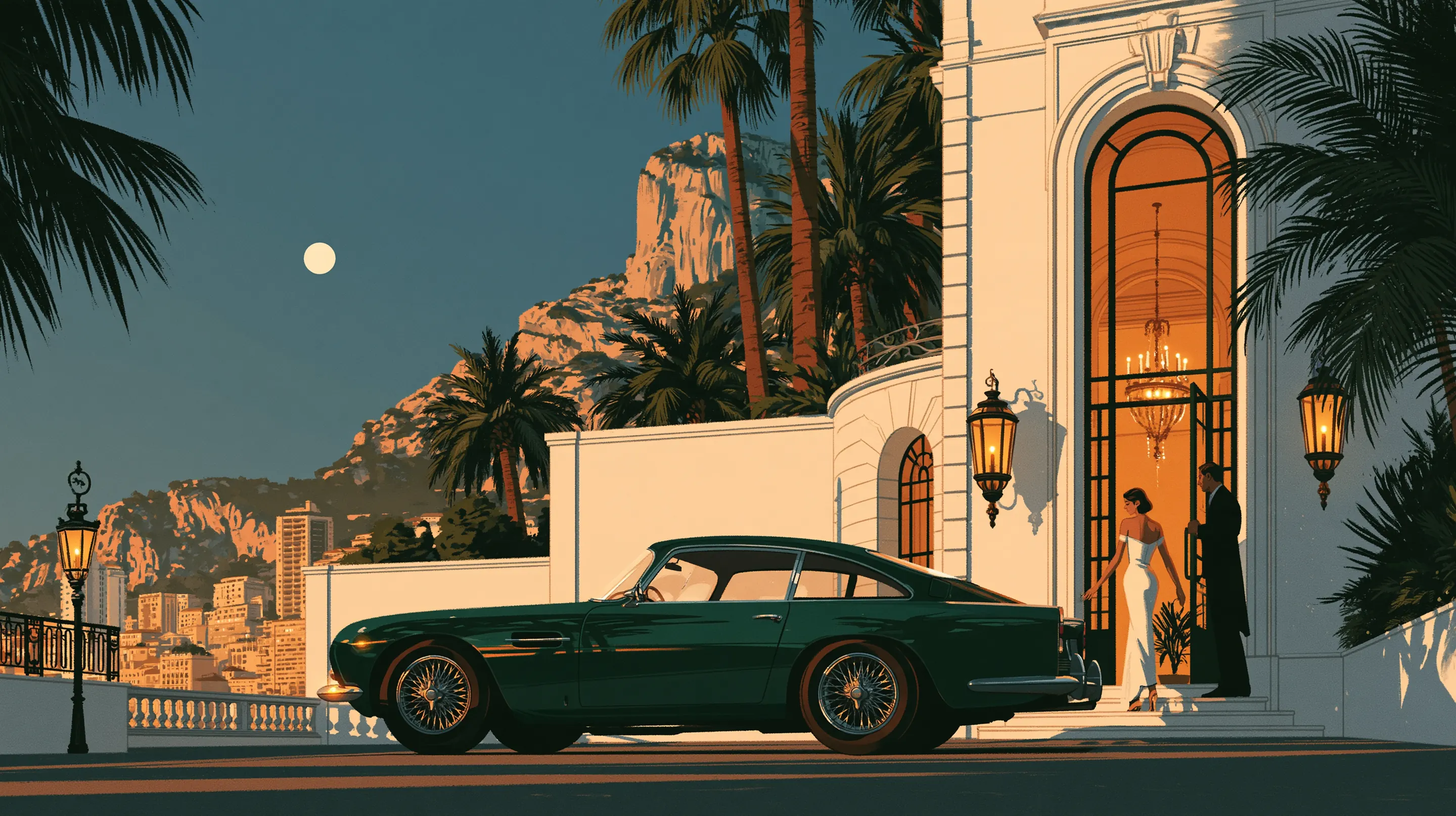 A woman in white stepping from a dark green car at the lit doorway of a white villa in Monte-Carlo, a host waiting at the door, palms and the Rock behind