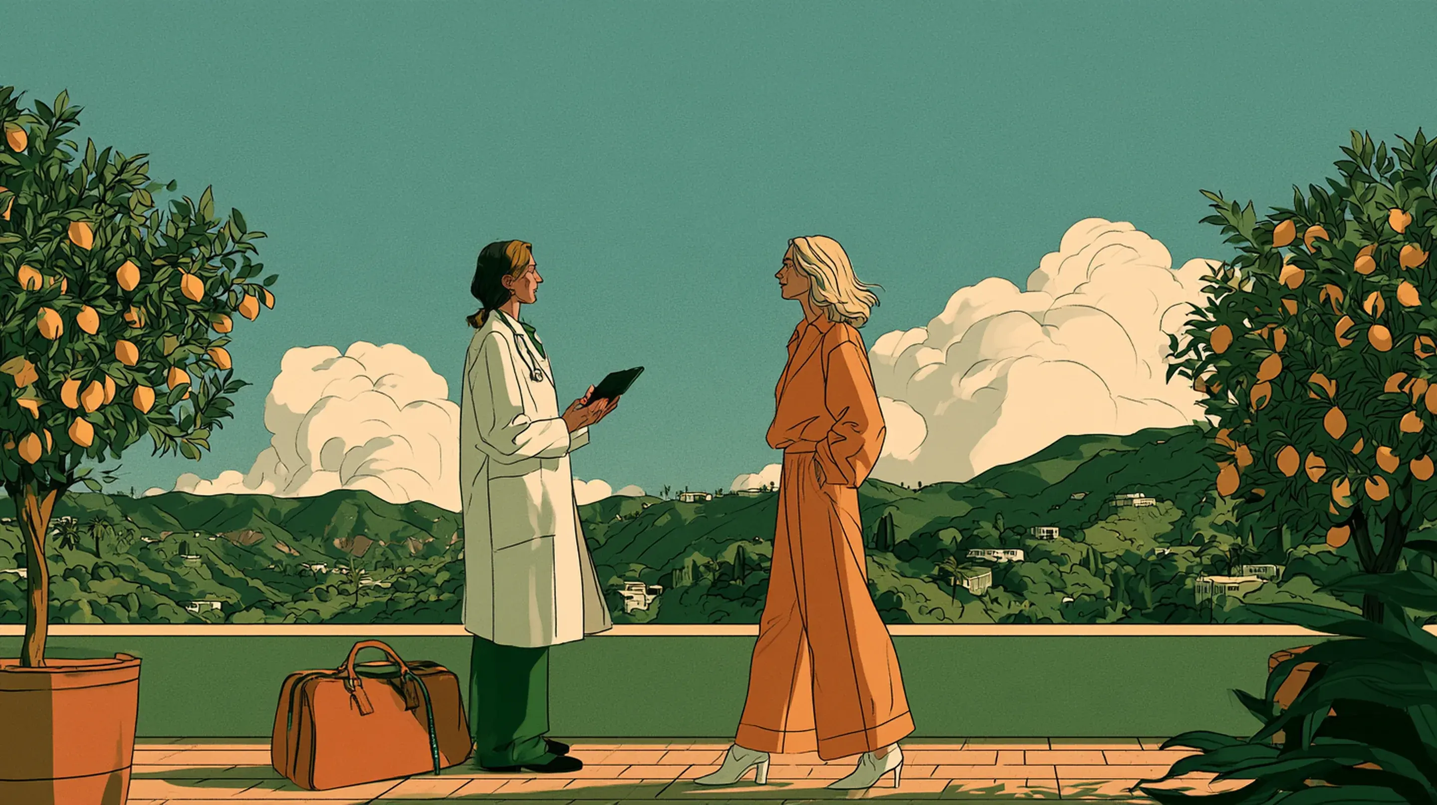 A doctor talking with a client on a sunlit terrace
