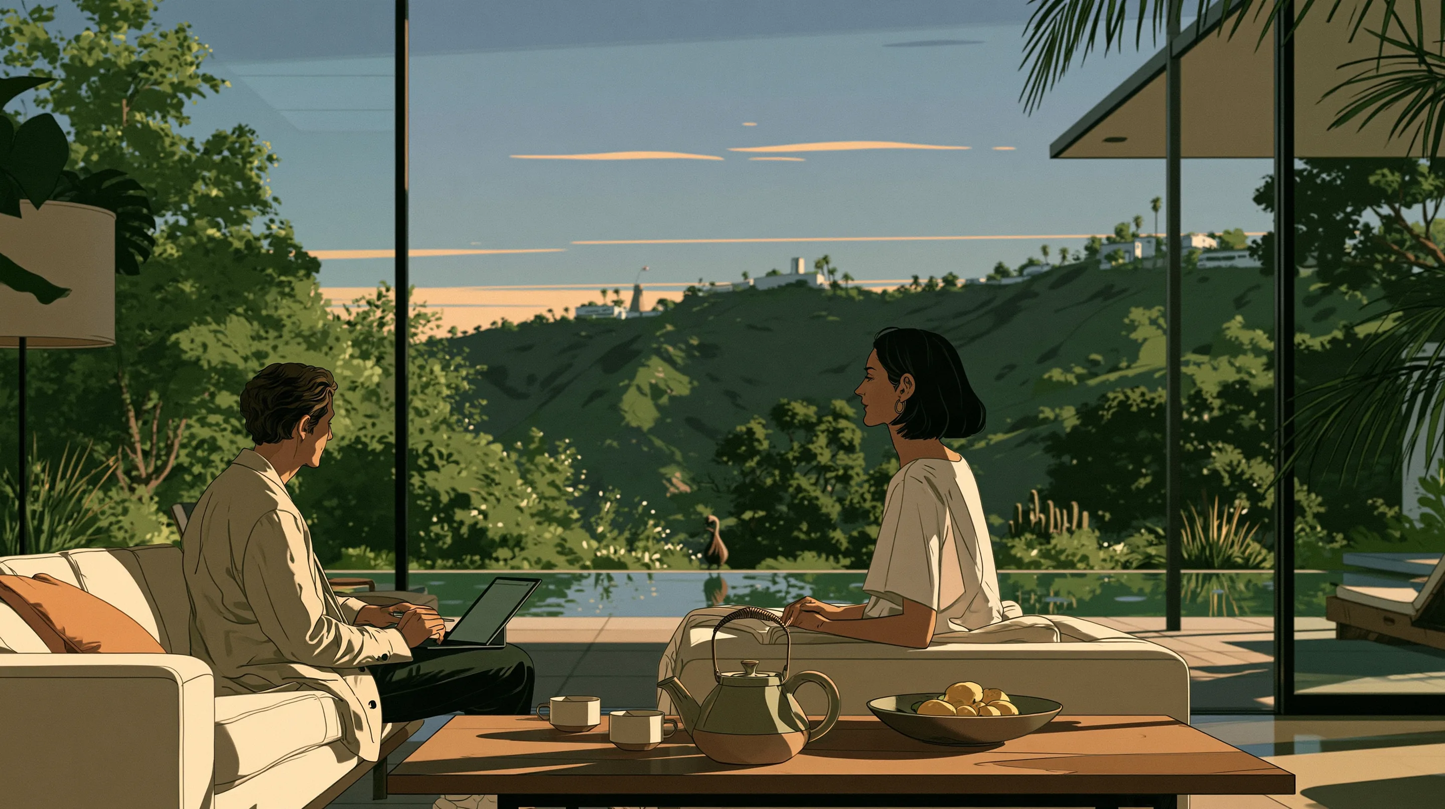 A doctor with a laptop talking with a client on cream sofas in a sunlit glass house in the Beverly Hills canyons, a teapot and a bowl of lemons on the table, the pool and the hills beyond
