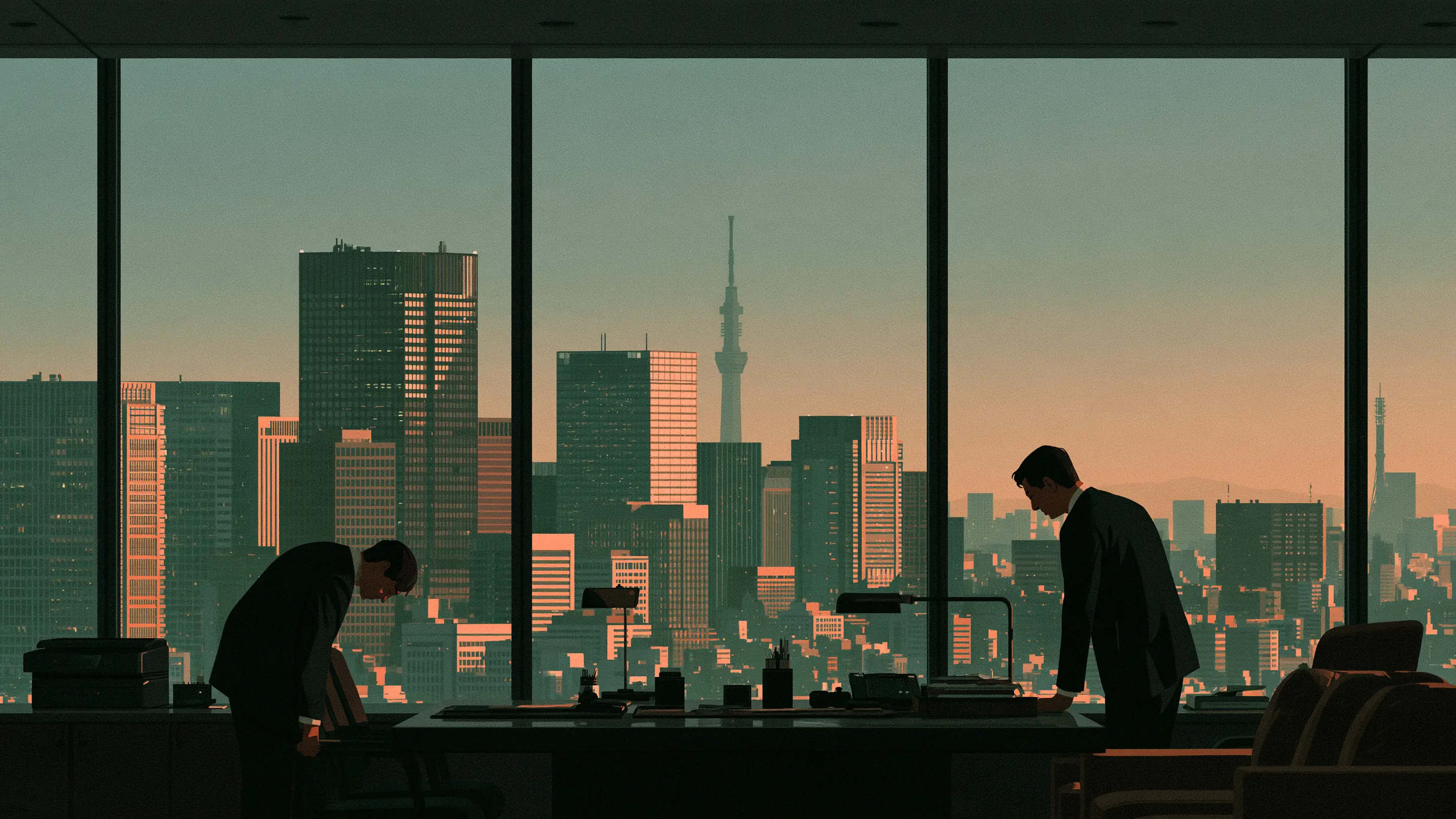 A man greeting his physician in a vast Marunouchi office at first light, the city below