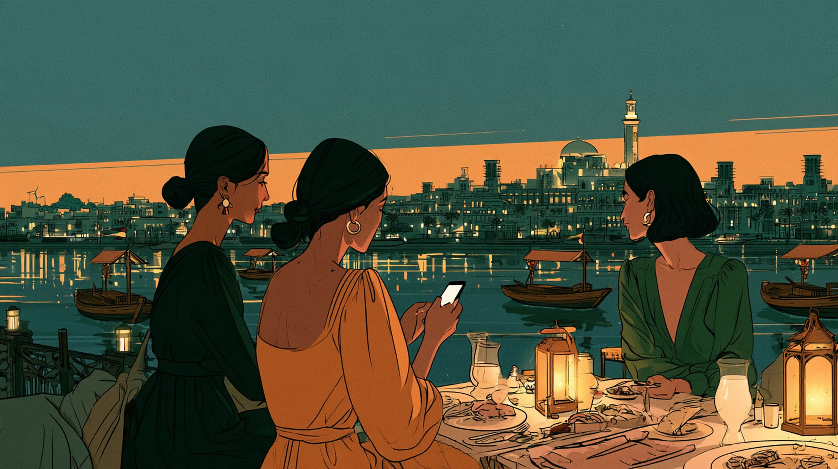 Friends on a terrace above Dubai Creek at dusk