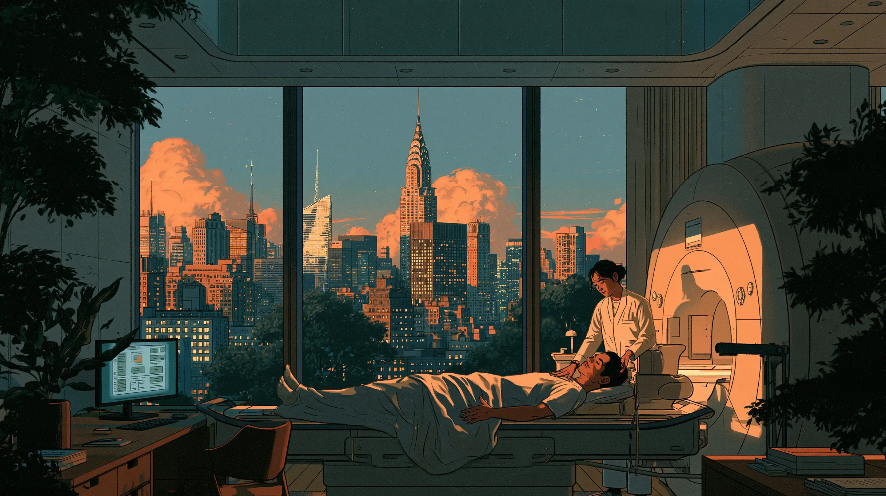 A radiographer settling a calm guest under a soft blanket on the scanner bed of a private MRI suite high in Midtown, the Chrysler Building through the window at dusk