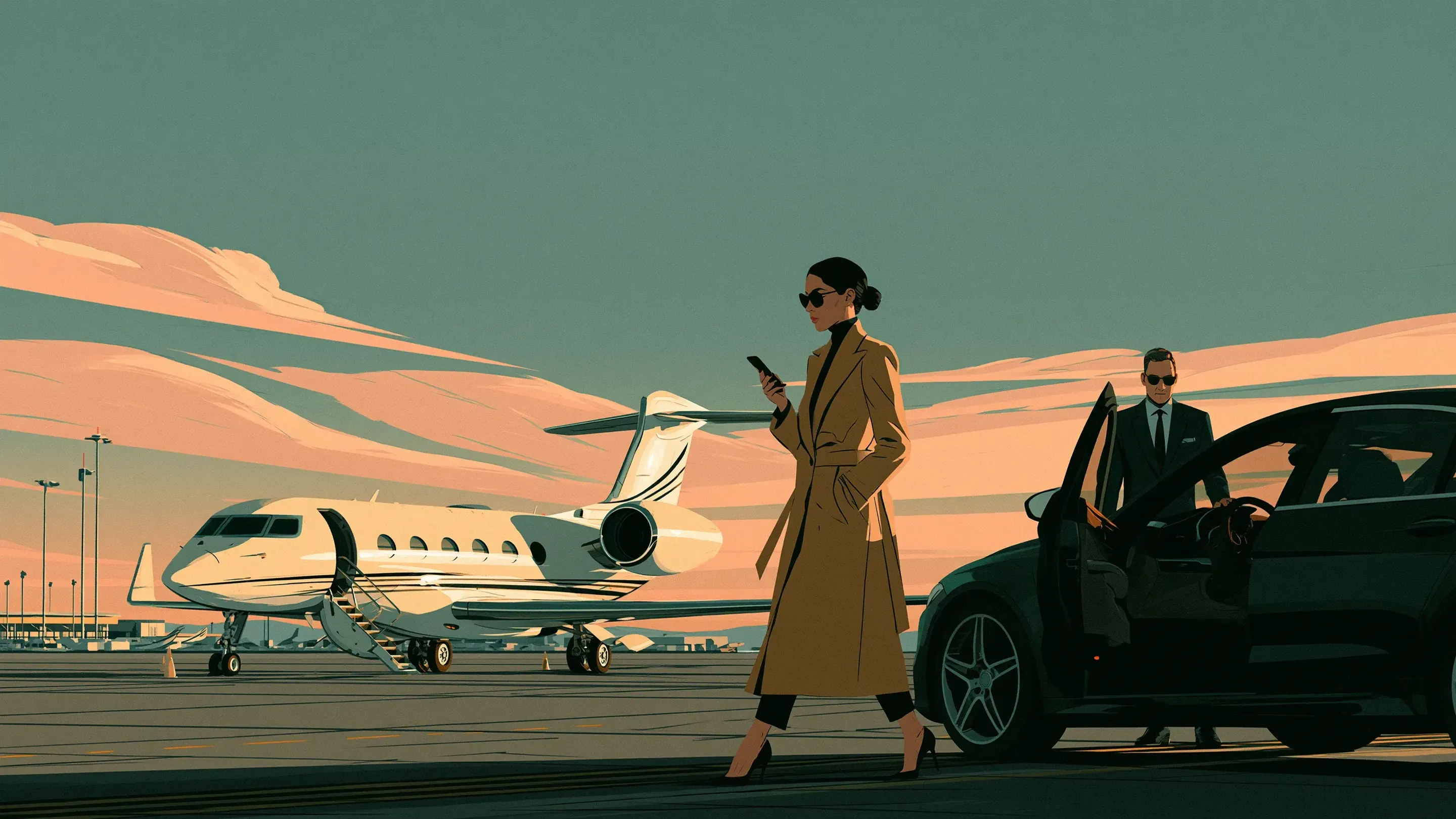 A woman walking from a private jet to a waiting car at dusk