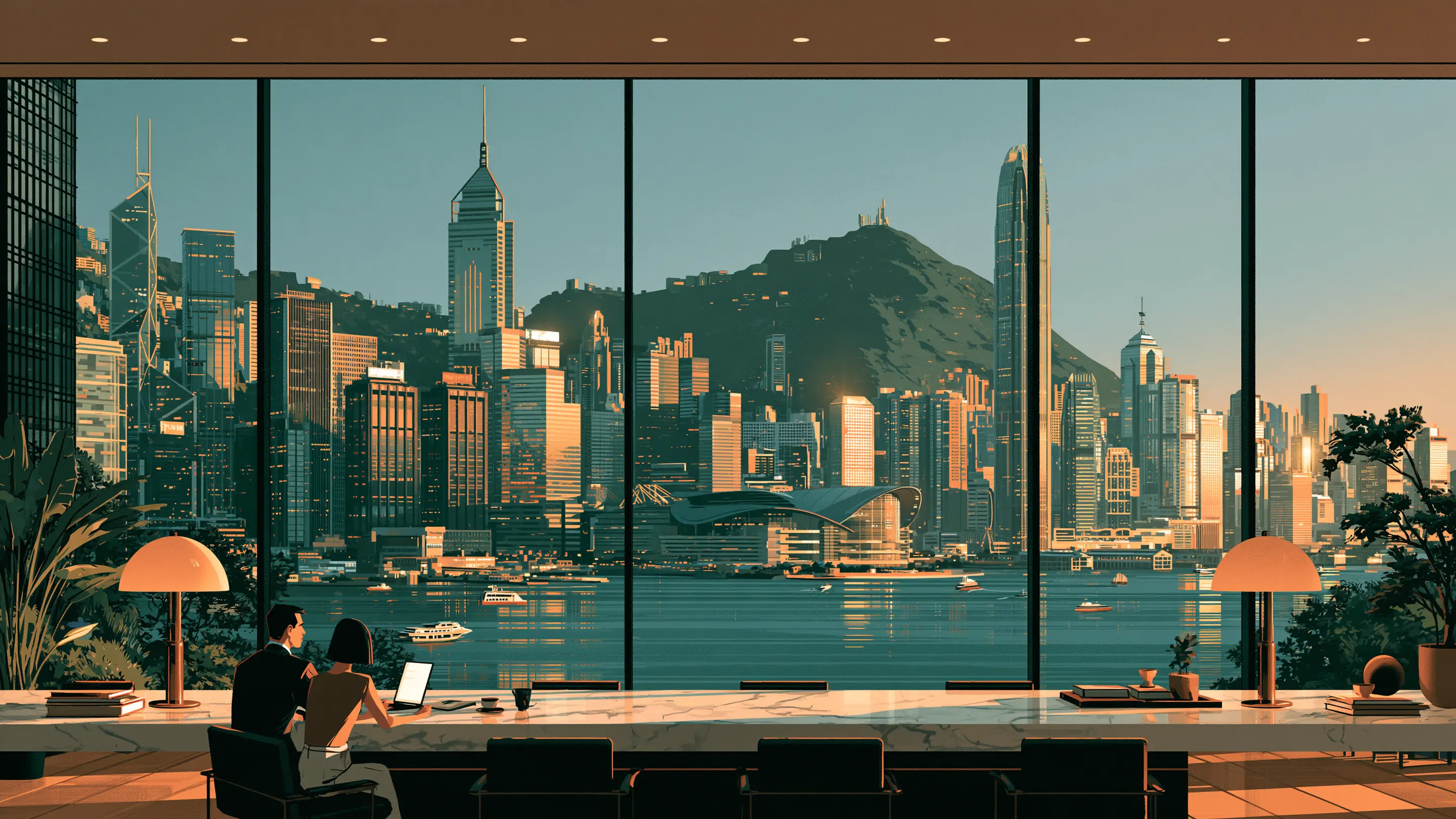 Two people at a boardroom table reviewing one plan, a city skyline behind them