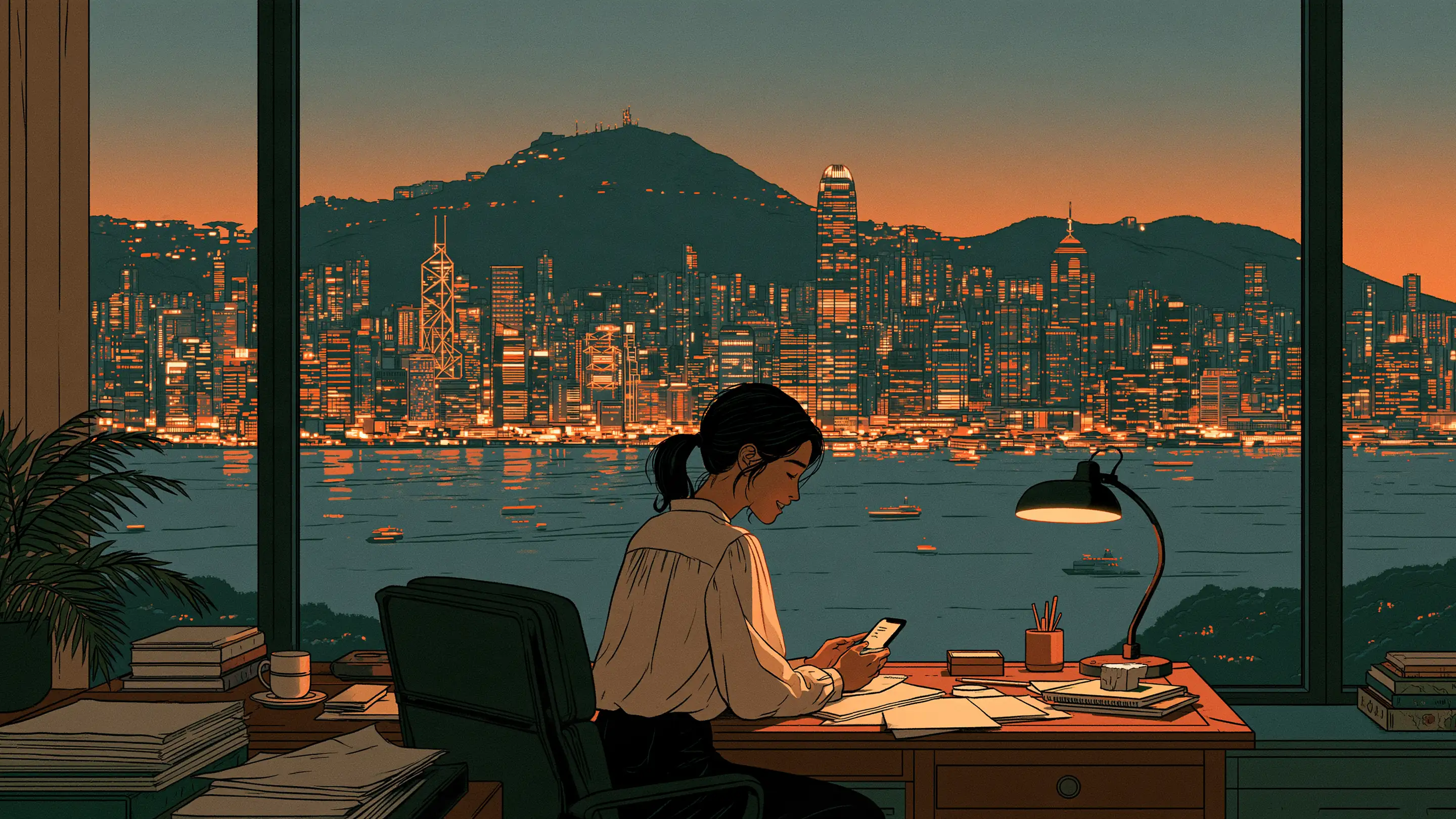 A young analyst at her desk at dusk, a confirmed appointment on her phone, the harbour beyond